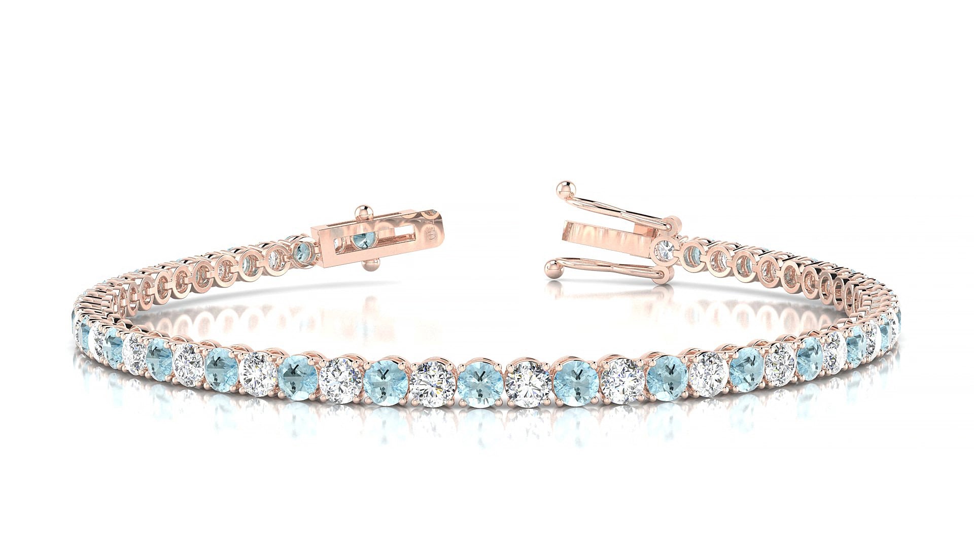Firenze 1-1 | 18k Rose Gold 3 mm Round Natural Aquamarine & Diamond 15 cm Tennis Bracelet