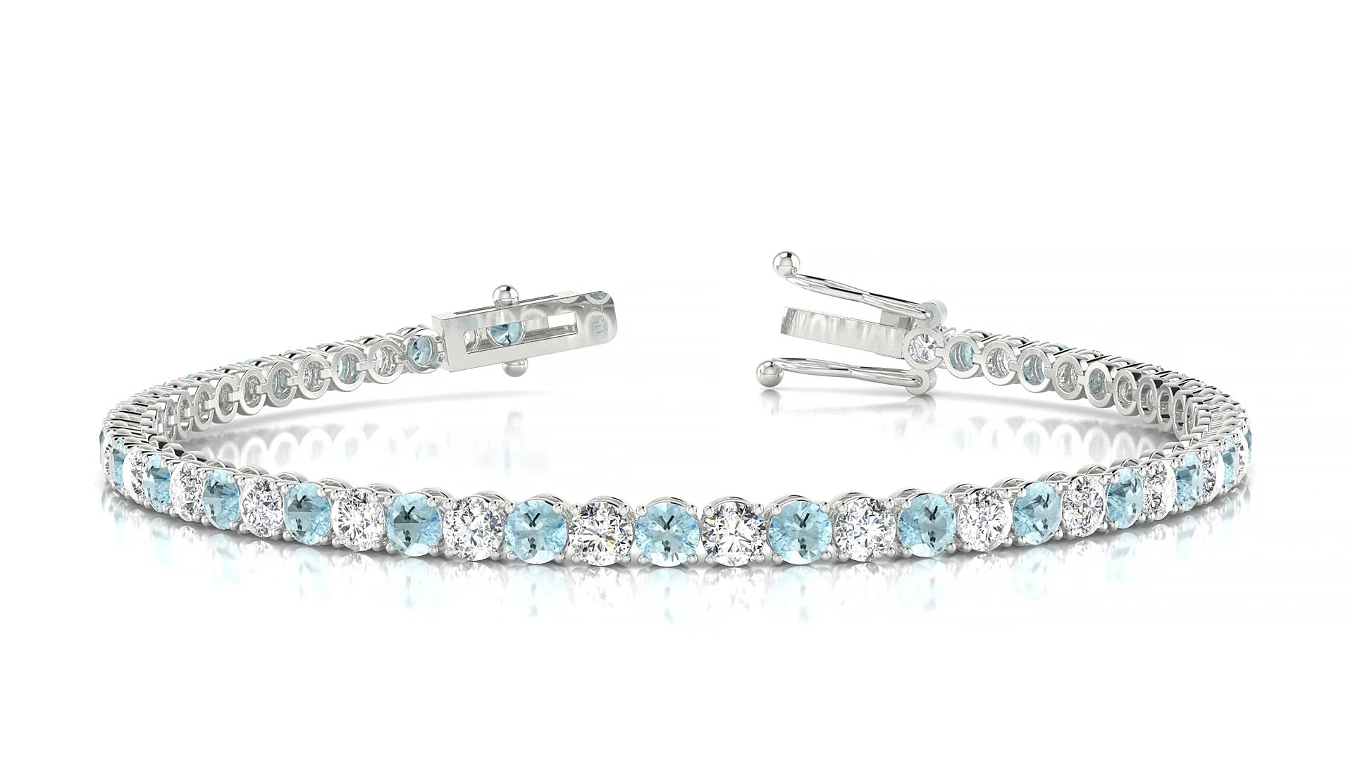 Firenze 1-1 | 18k White Gold 3 mm Round Natural Aquamarine & Diamond Tennis Bracelet
