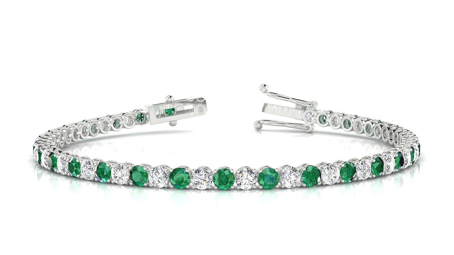 Firenze 1-1 | 18k White Gold 3 mm Round Natural Emerald & Diamond 15 cm Tennis Bracelet