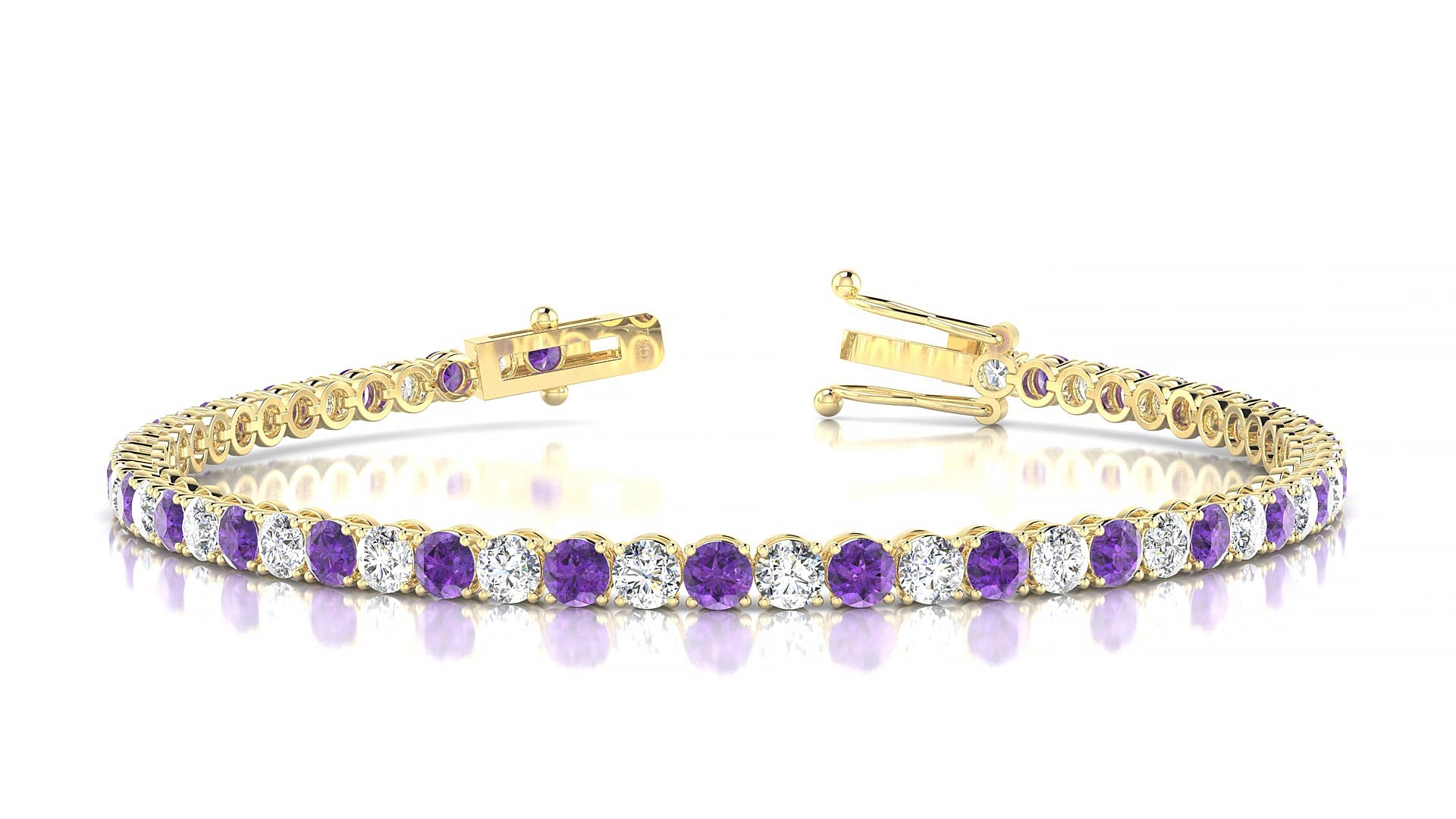 Firenze 1-1 | 18k Yellow Gold 3 mm Round Natural Amethyst & Diamond 15 cm Tennis Bracelet