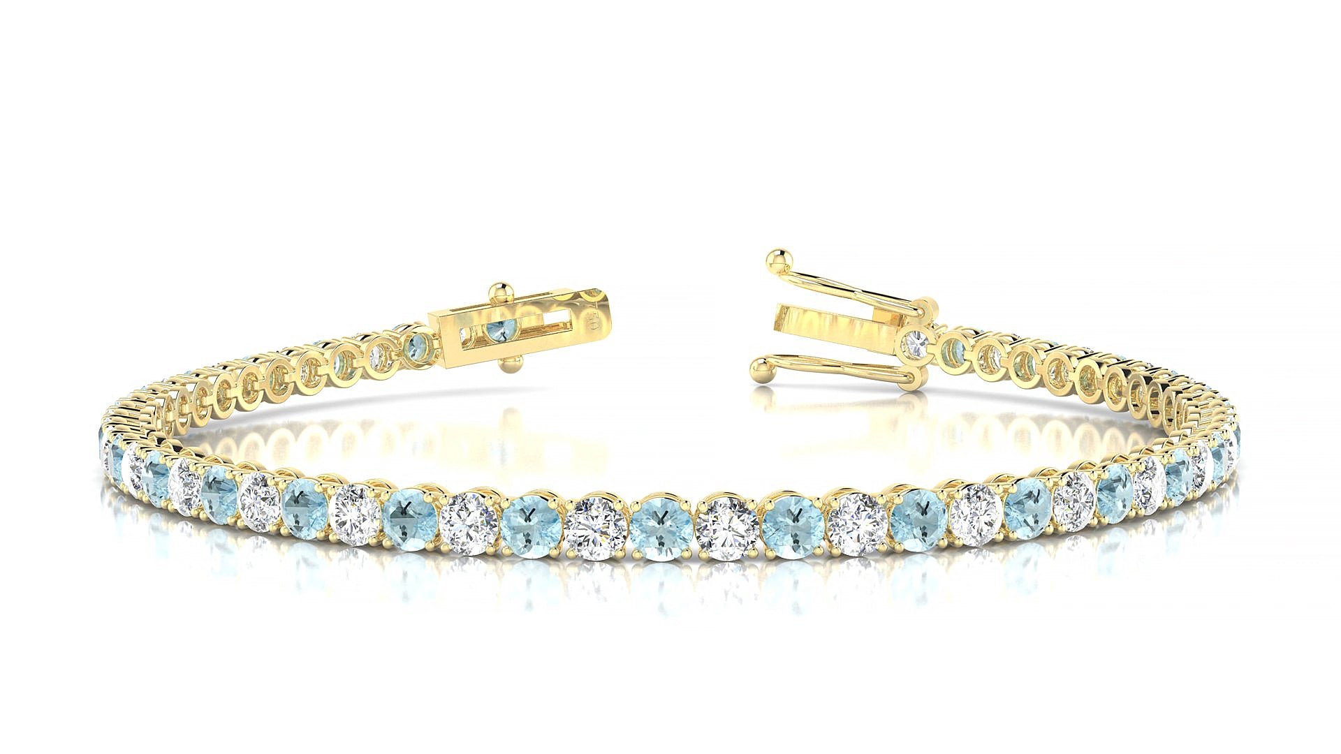Firenze 1-1 | 18k Yellow Gold 3 mm Round Natural Aquamarine & Diamond 17 cm Tennis Bracelet