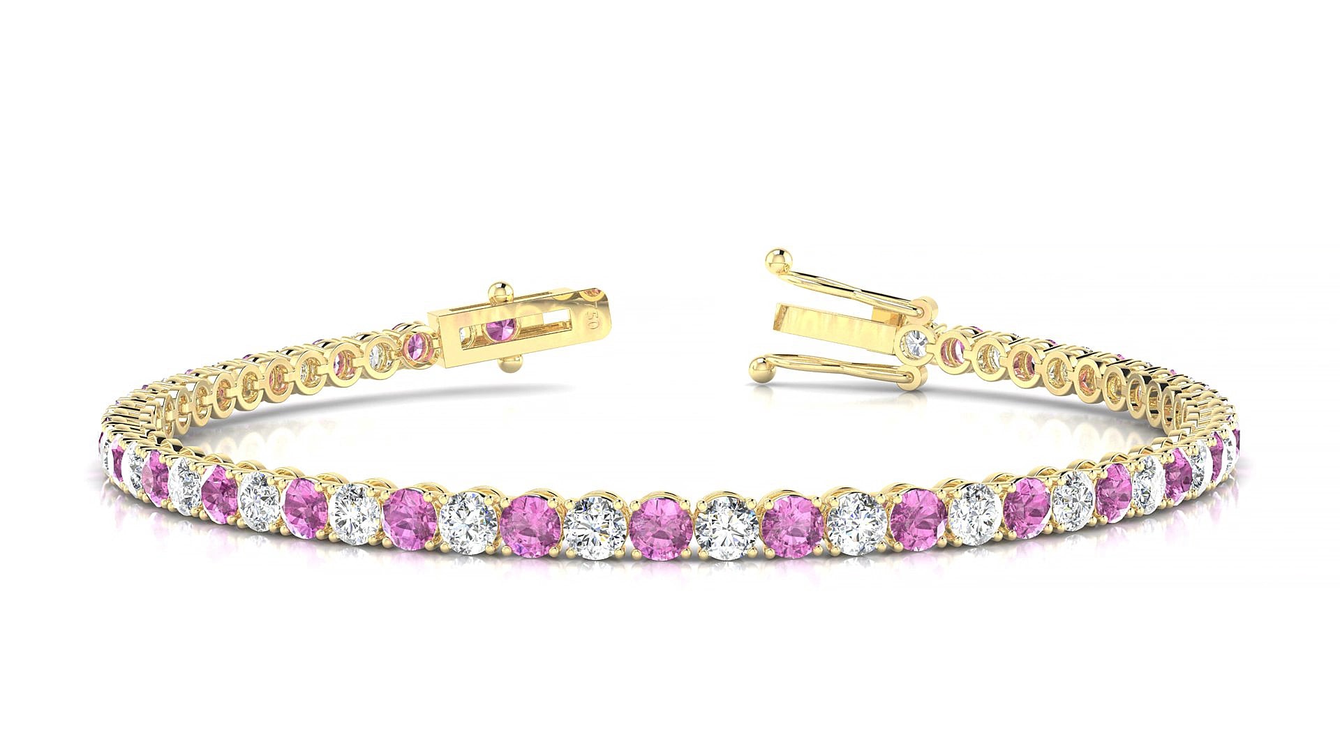 Firenze 1-1 | 18k Yellow Gold 3 mm Round Natural Pink Sapphire & Diamond 15 cm Tennis Bracelet