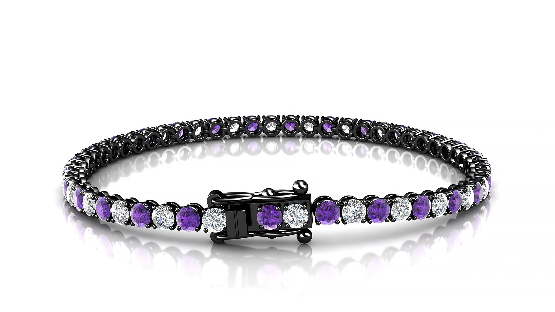 Firenze 1-1 | 18k Black Gold 3 mm Round Natural Amethyst & Diamond 18 cm Tennis Bracelet