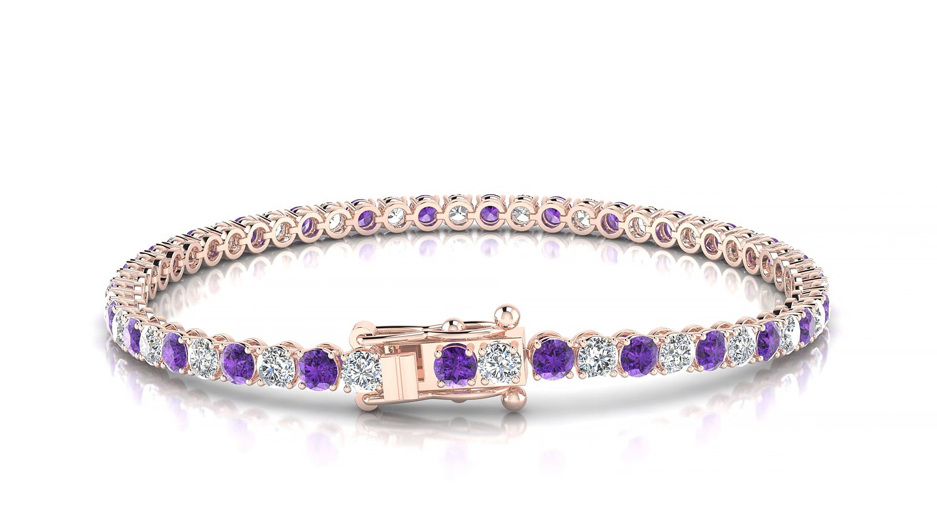 Firenze 1-1 | 18k Rose Gold 3 mm Round Natural Amethyst & Diamond 18 cm Tennis Bracelet