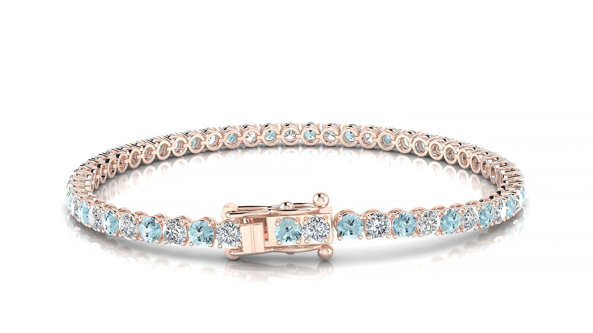 Firenze 1-1 | 18k Rose Gold 3 mm Round Natural Aquamarine & Diamond 15 cm Tennis Bracelet