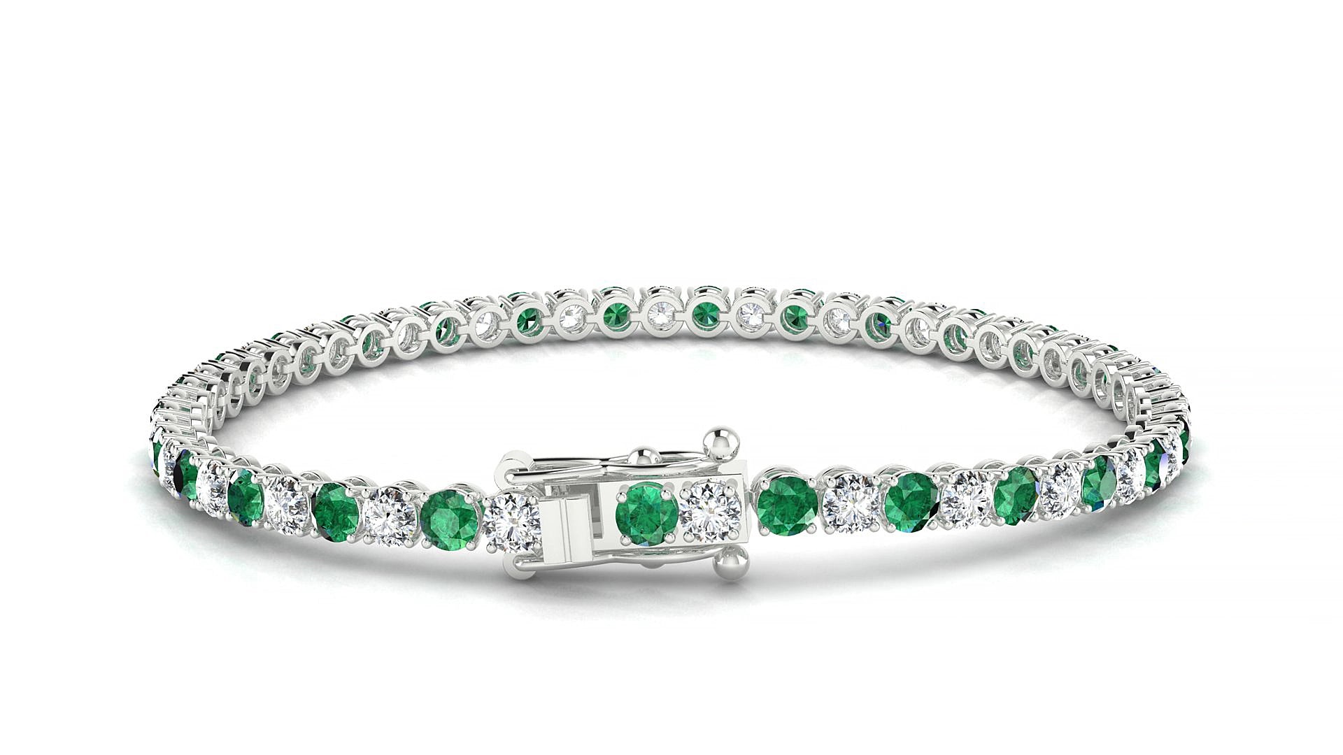 Firenze 1-1 | 18k White Gold 3 mm Round Natural Emerald & Diamond 19 cm Tennis Bracelet