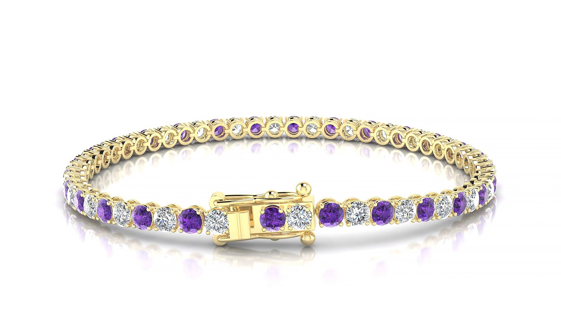 Firenze 1-1 | 18k Yellow Gold 3 mm Round Natural Amethyst & Diamond 15 cm Tennis Bracelet