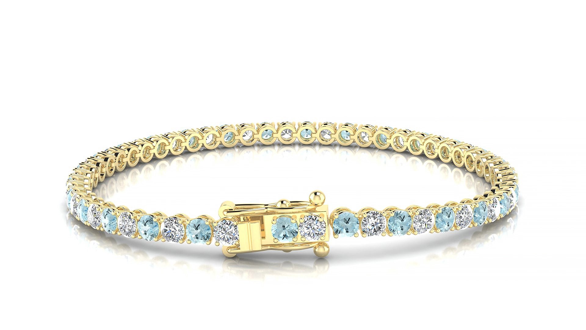 Firenze 1-1 | 18k Yellow Gold 3 mm Round Natural Aquamarine & Diamond 17 cm Tennis Bracelet