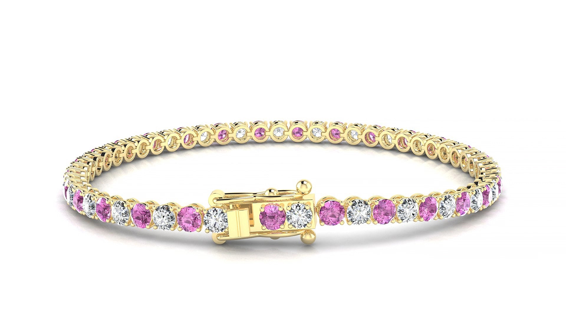 Firenze 1-1 | 18k Yellow Gold 3 mm Round Natural Pink Sapphire & Diamond 16 cm Tennis Bracelet