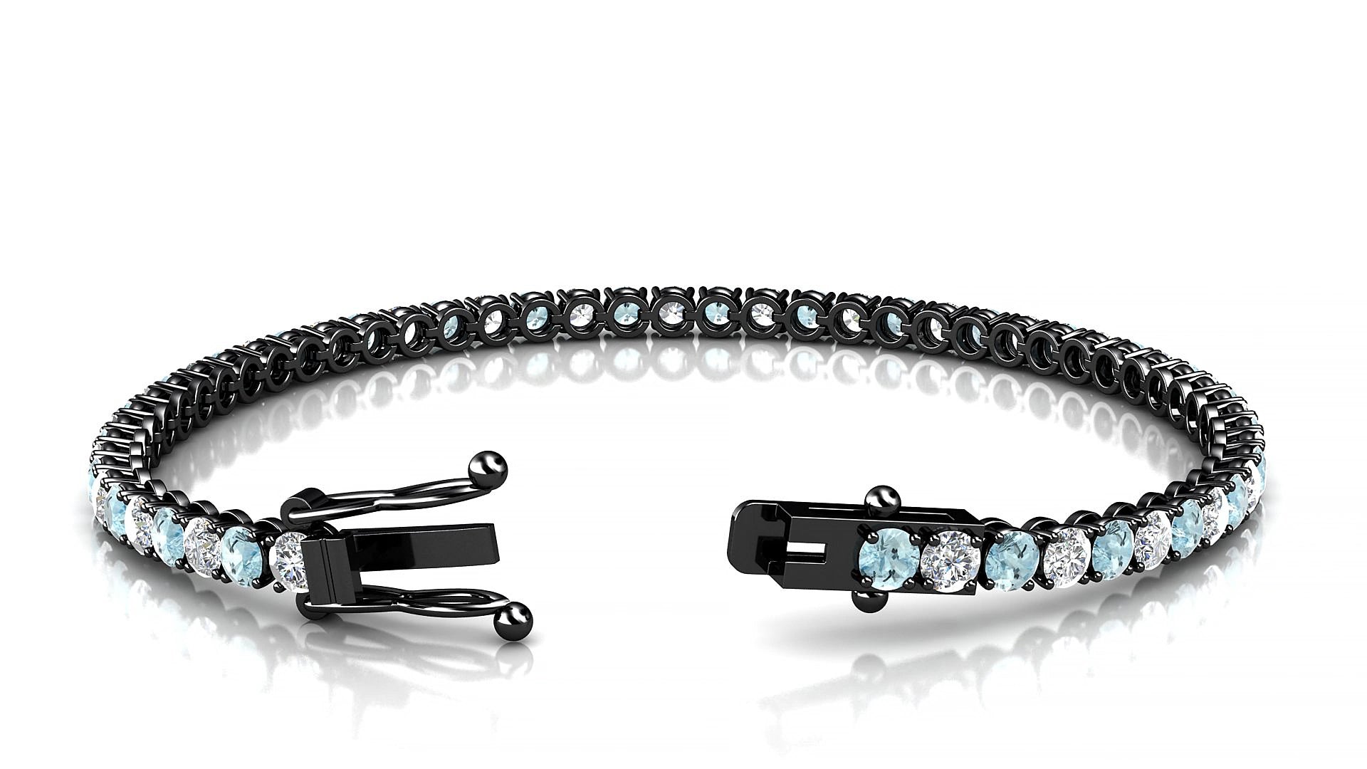 Firenze 1-1 | 18k Black Gold 3 mm Round Natural Aquamarine & Diamond 17 cm Tennis Bracelet