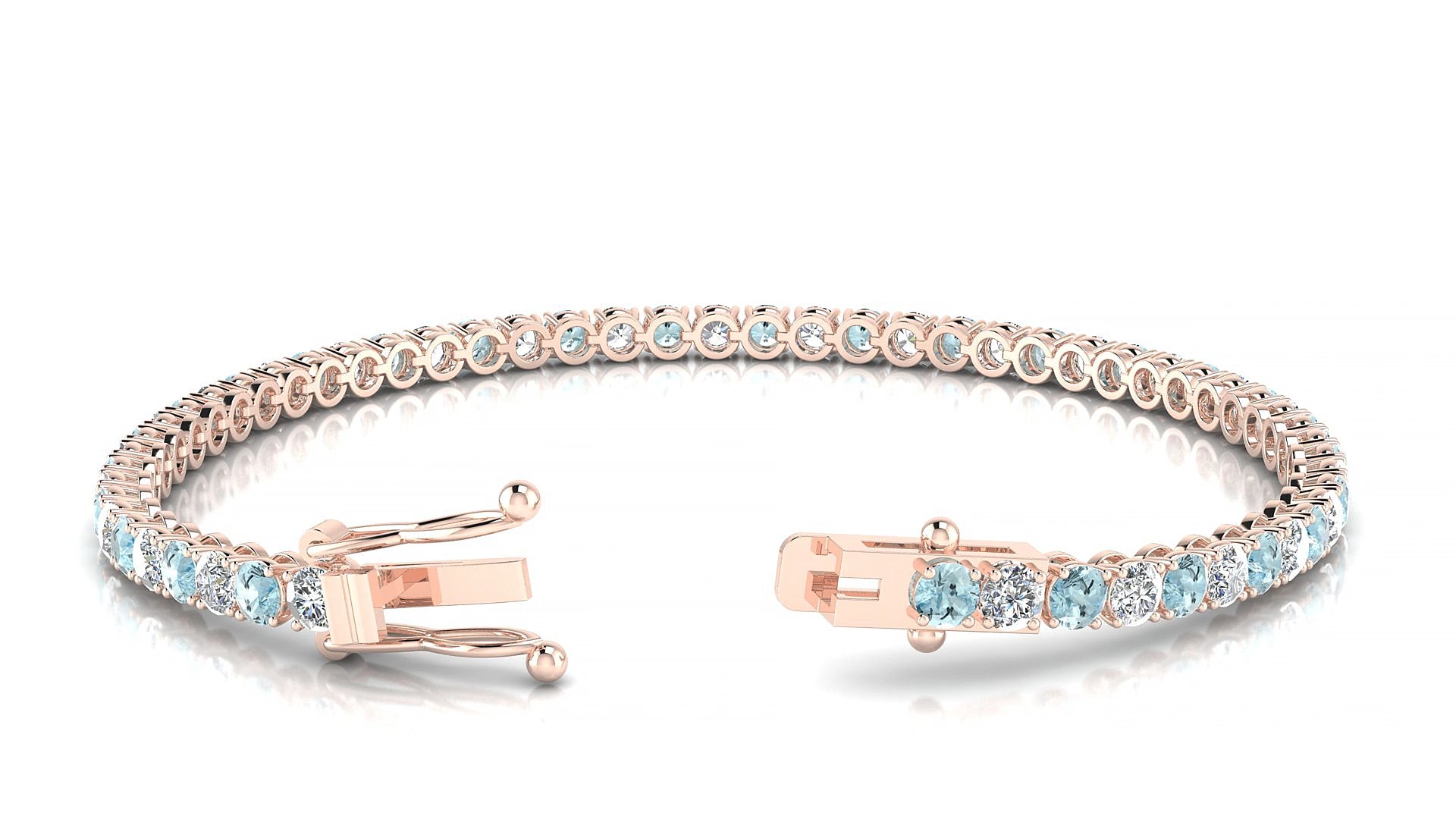 Firenze 1-1 | 18k Rose Gold 3 mm Round Natural Aquamarine & Diamond 15 cm Tennis Bracelet