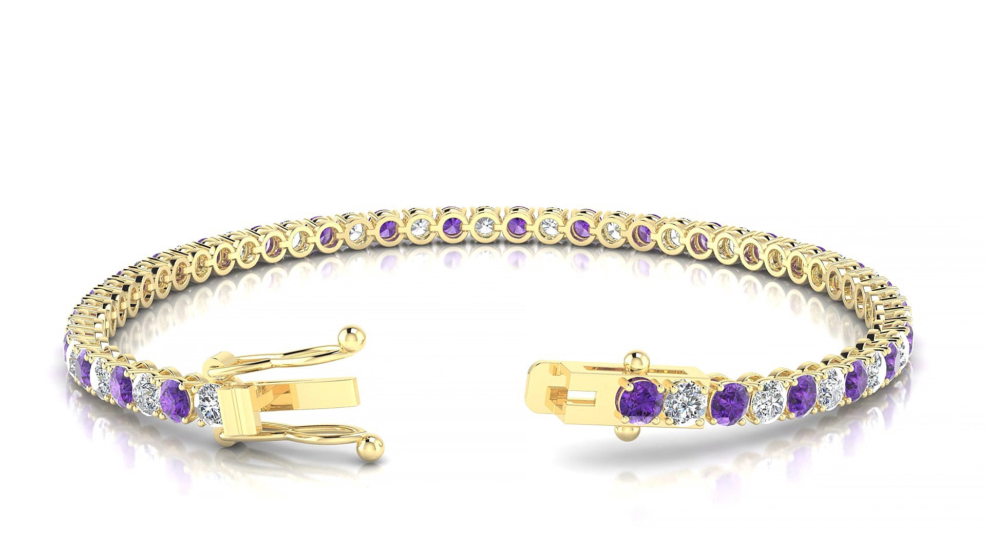 Firenze 1-1 | 18k Yellow Gold 3 mm Round Natural Amethyst & Diamond 16 cm Tennis Bracelet