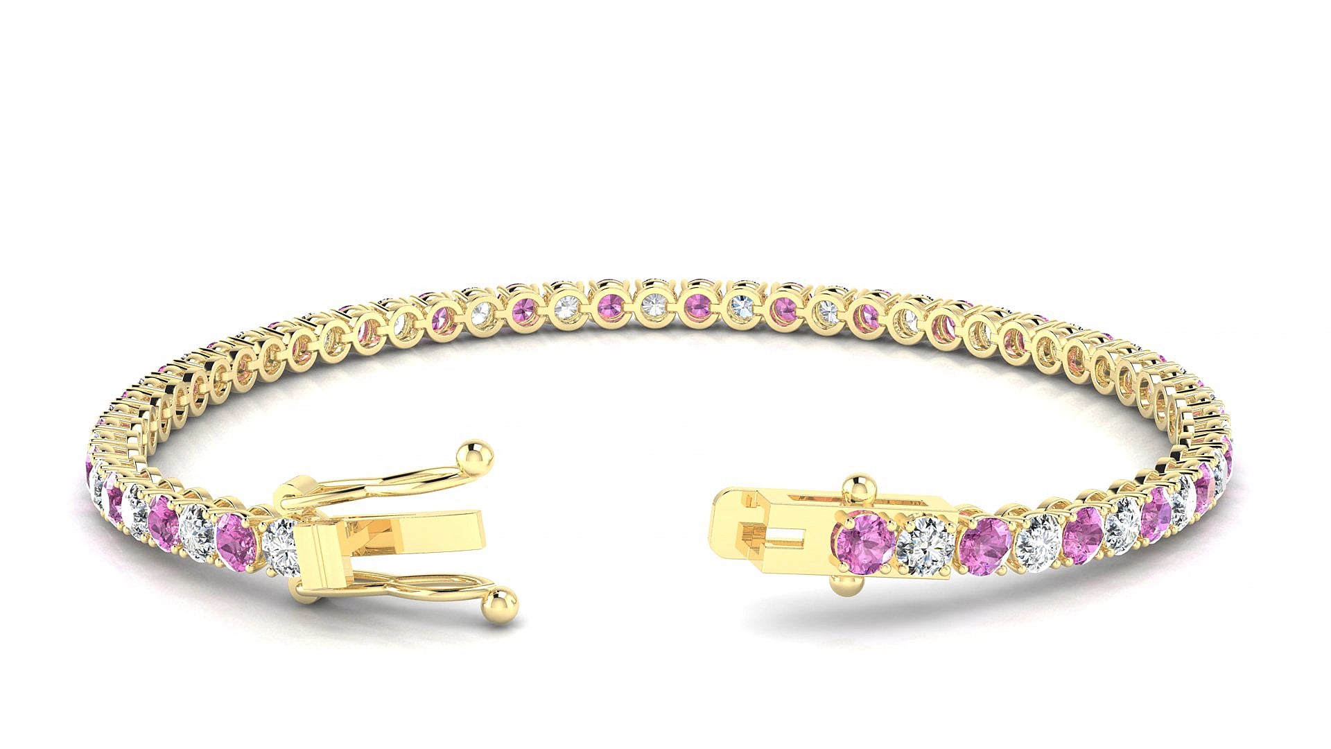 Firenze 1-1 | 18k Yellow Gold 3 mm Round Natural Pink Sapphire & Diamond 19 cm Tennis Bracelet