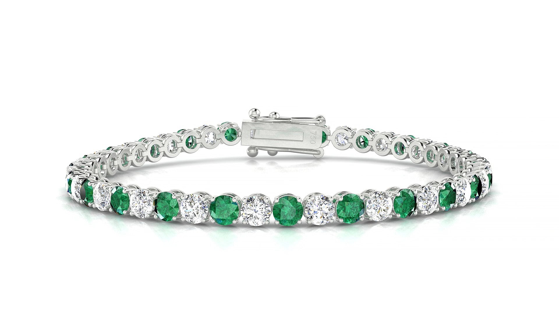 Firenze 1-1 | 18k White Gold 3.4 mm Round Natural Emerald & Diamond 17 cm Tennis Bracelet