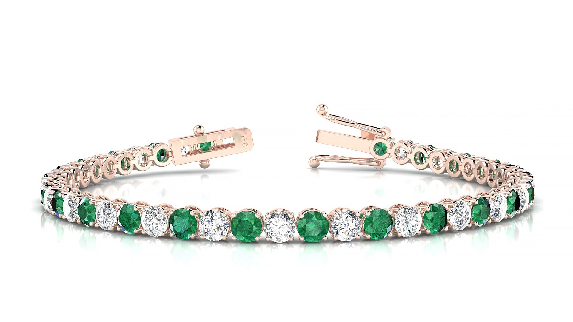 Firenze 1-1 | 18k Rose Gold 3.4 mm Round Natural Emerald & Diamond 15 cm Tennis Bracelet