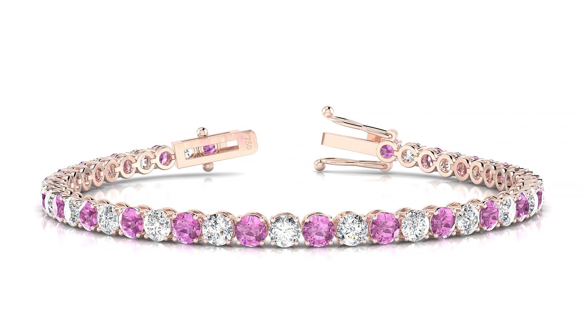 Firenze 1-1 | 18k Rose Gold 3.4 mm Round Natural Pink Sapphire & Diamond 15 cm Tennis Bracelet