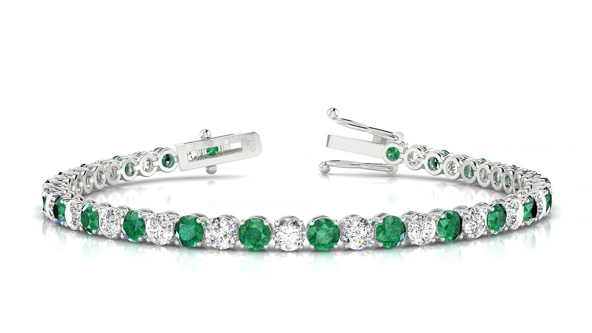 Firenze 1-1 | 18k White Gold 3.4 mm Round Natural Emerald & Diamond 15 cm Tennis Bracelet
