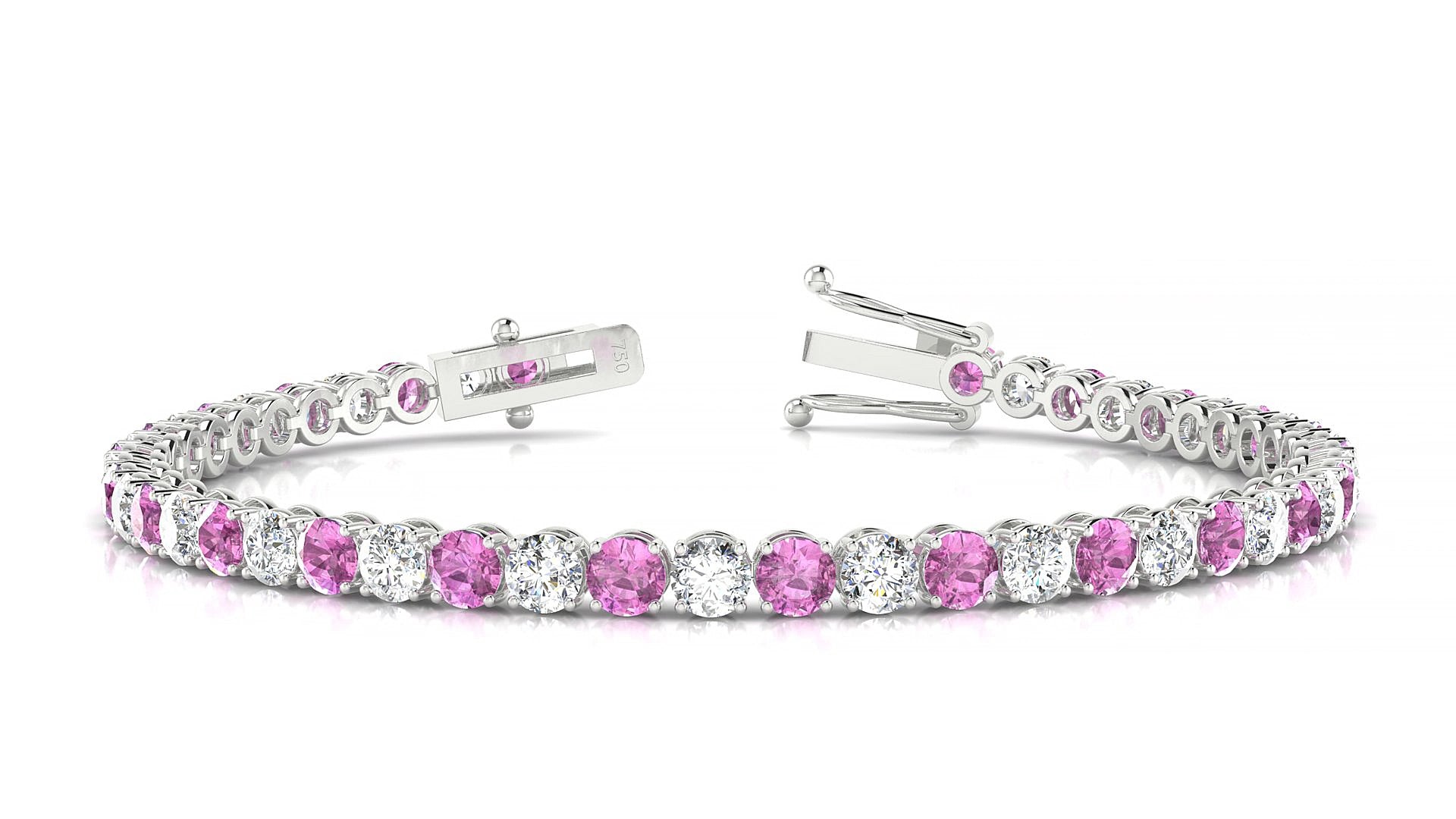 Firenze 1-1 | 18k White Gold 3.4 mm Round Natural Pink Sapphire & Diamond 15 cm Tennis Bracelet