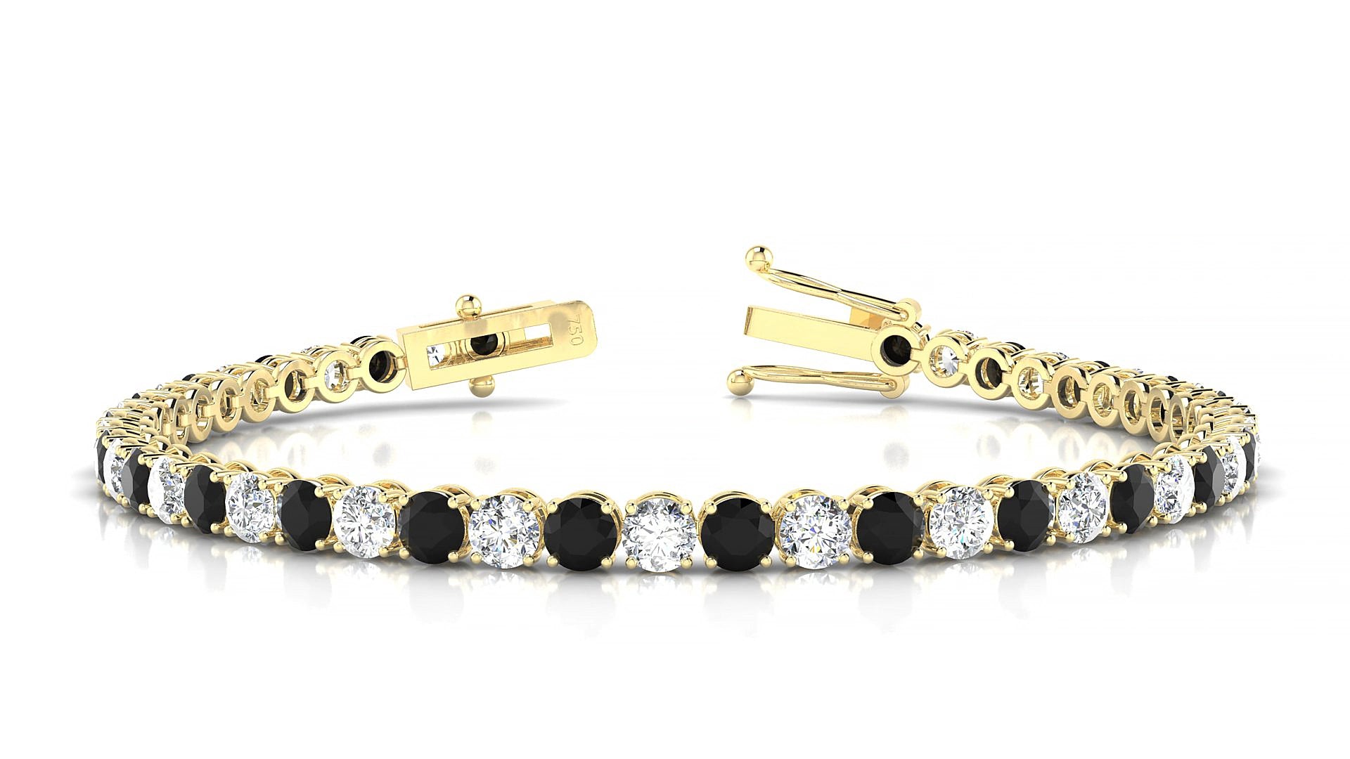 Firenze 1-1 | 18k Yellow Gold 3.4 mm Round Natural Black Diamond & Diamond 15 cm Tennis Bracelet