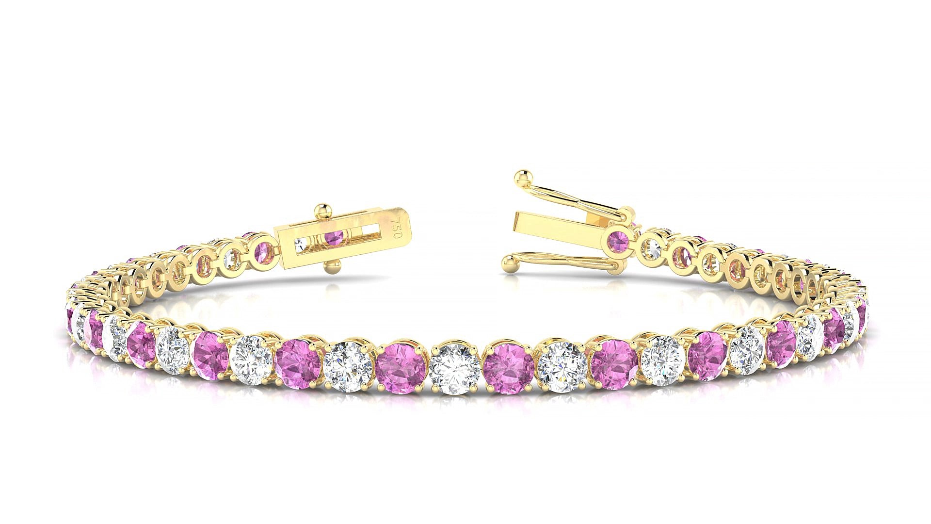 Firenze 1-1 | 18k Yellow Gold 3.4 mm Round Natural Pink Sapphire & Diamond 15 cm Tennis Bracelet