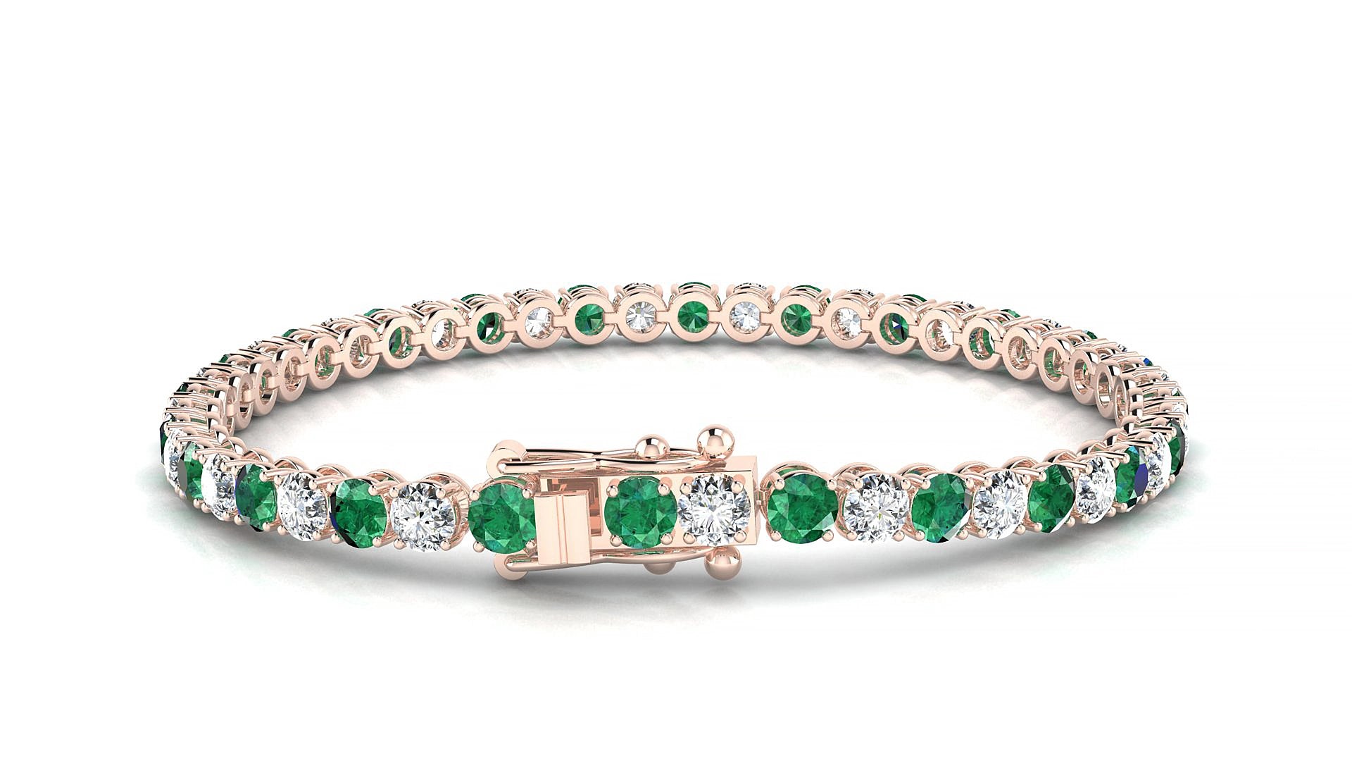 Firenze 1-1 | 18k Rose Gold 3.4 mm Round Natural Emerald & Diamond 18 cm Tennis Bracelet