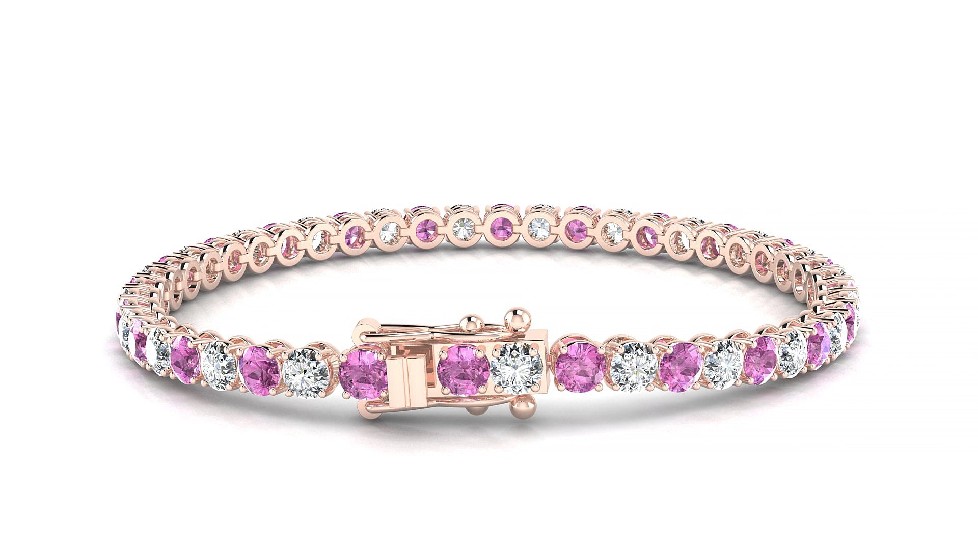 Firenze 1-1 | 18k Rose Gold 3.4 mm Round Natural Pink Sapphire & Diamond 15 cm Tennis Bracelet