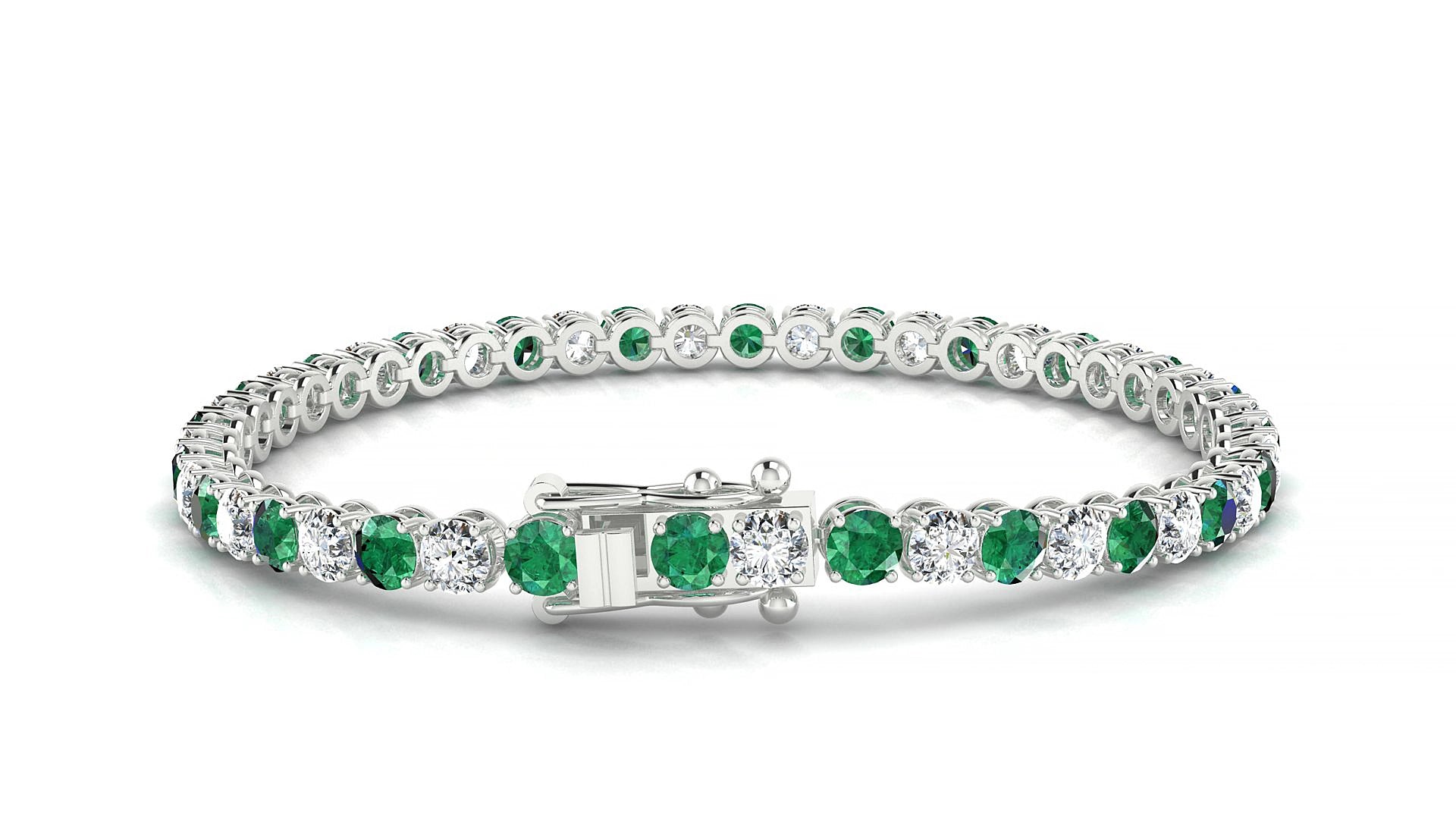 Firenze 1-1 | 18k White Gold 3.4 mm Round Natural Emerald & Diamond 15 cm Tennis Bracelet