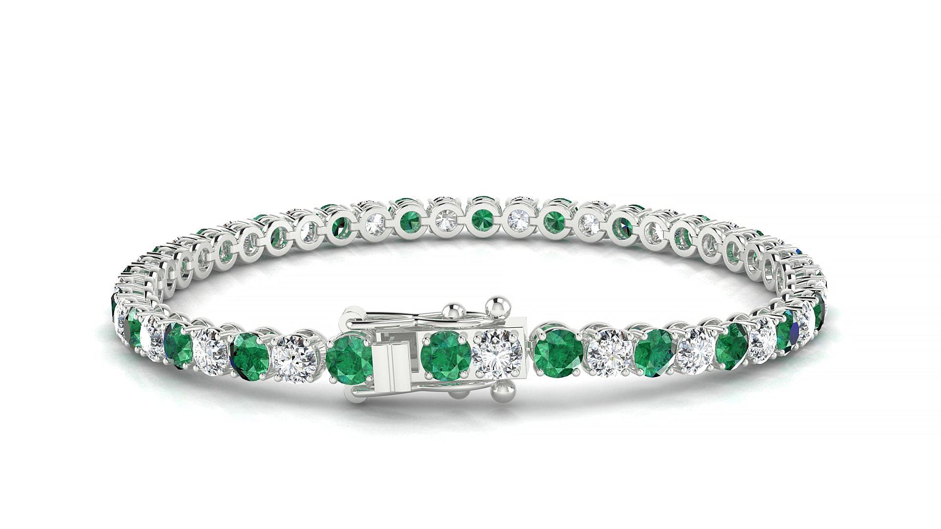 Firenze 1-1 | 18k White Gold 3.4 mm Round Natural Emerald & Diamond Tennis Bracelet