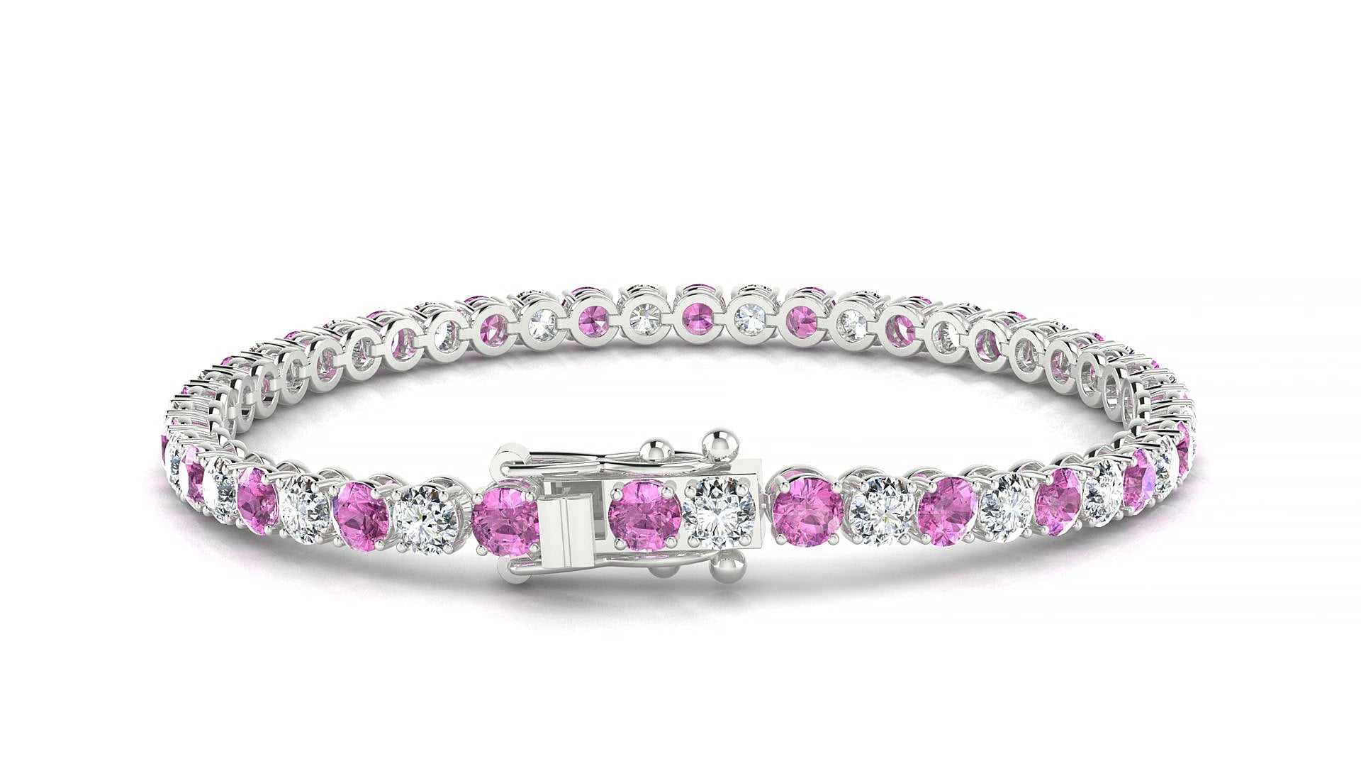 Firenze 1-1 | 18k White Gold 3.4 mm Round Natural Pink Sapphire & Diamond 15 cm Tennis Bracelet