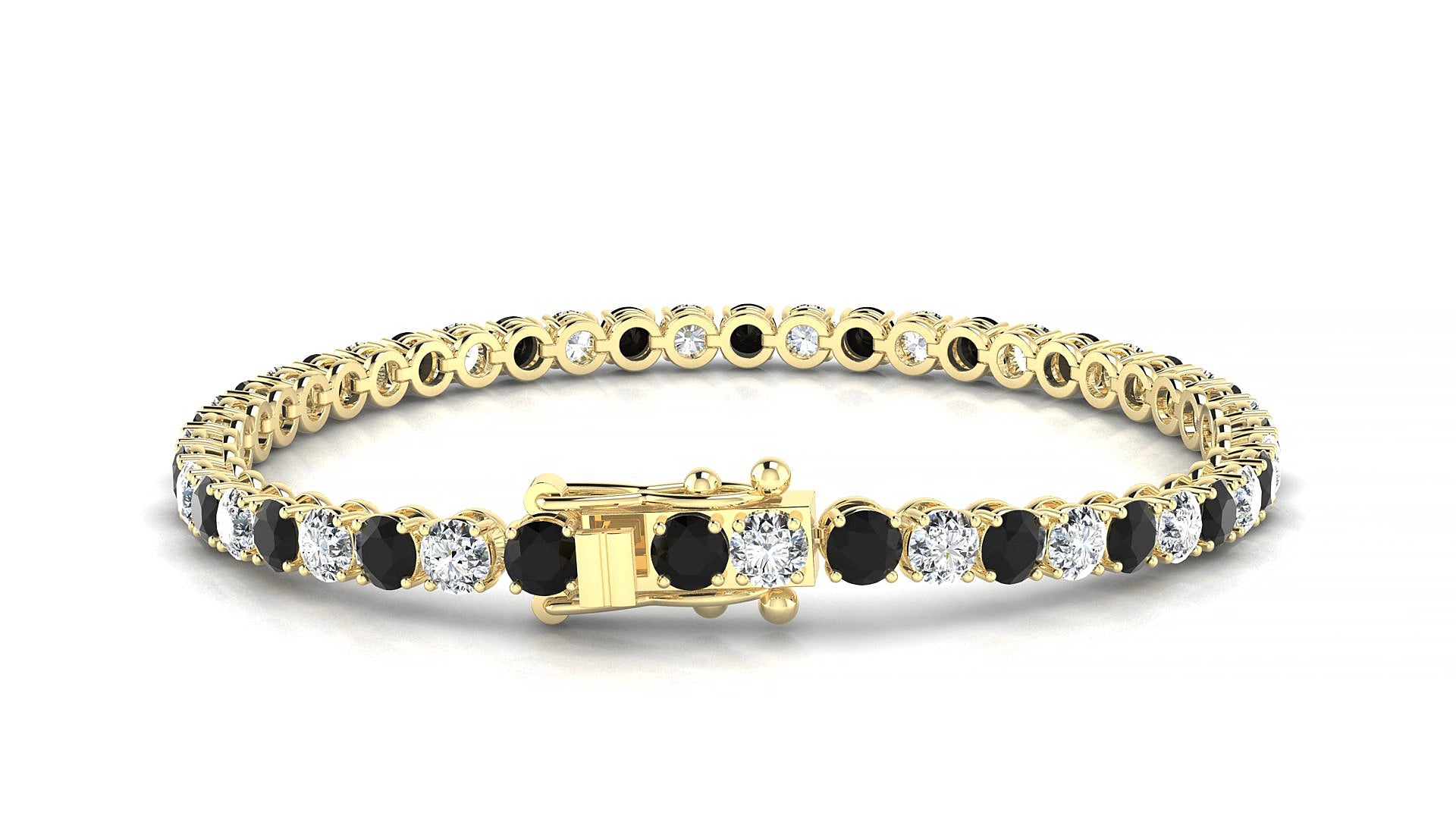 Firenze 1-1 | 18k Yellow Gold 3.4 mm Round Natural Black Diamond & Diamond 17 cm Tennis Bracelet
