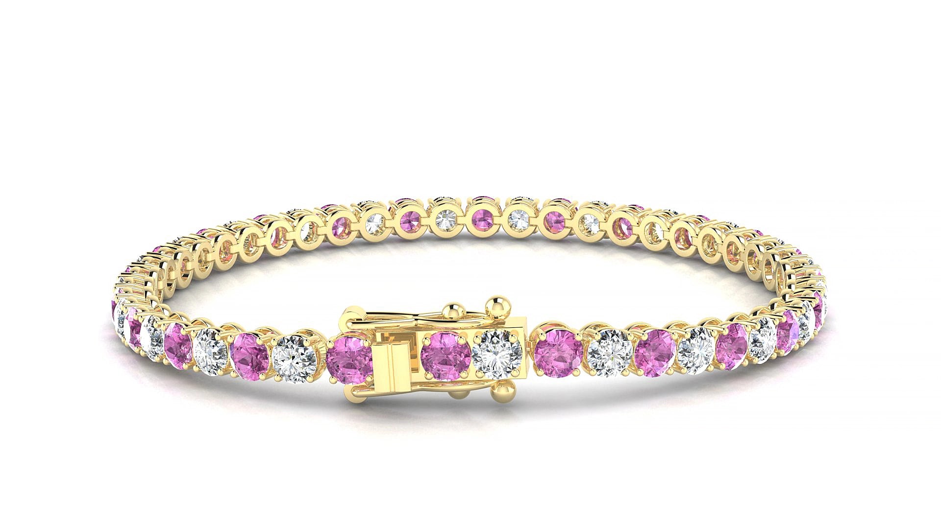 Firenze 1-1 | 18k Yellow Gold 3.4 mm Round Natural Pink Sapphire & Diamond 15 cm Tennis Bracelet