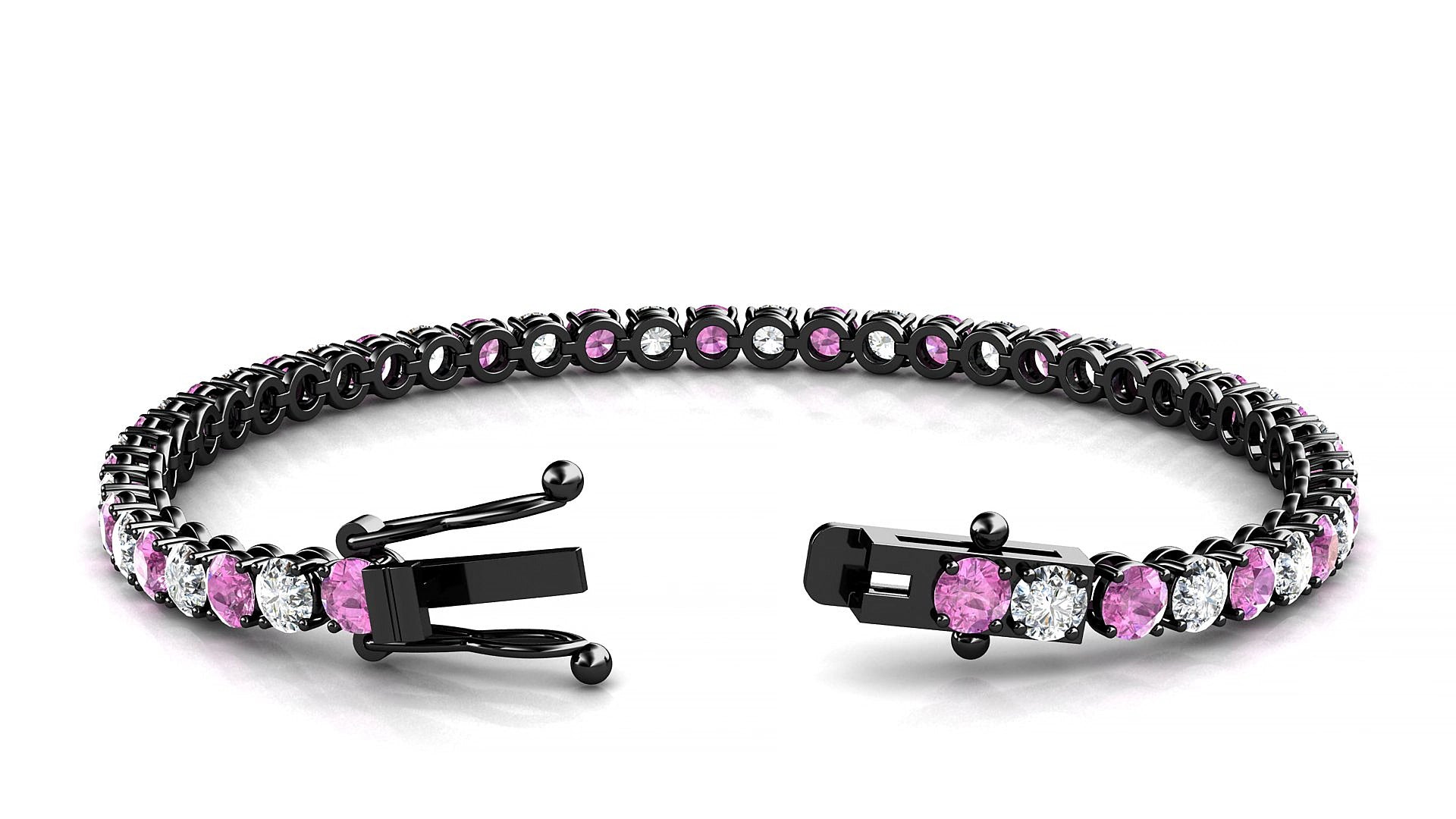 Firenze 1-1 | 18k Black Gold 3.4 mm Round Natural Pink Sapphire & Diamond 17 cm Tennis Bracelet