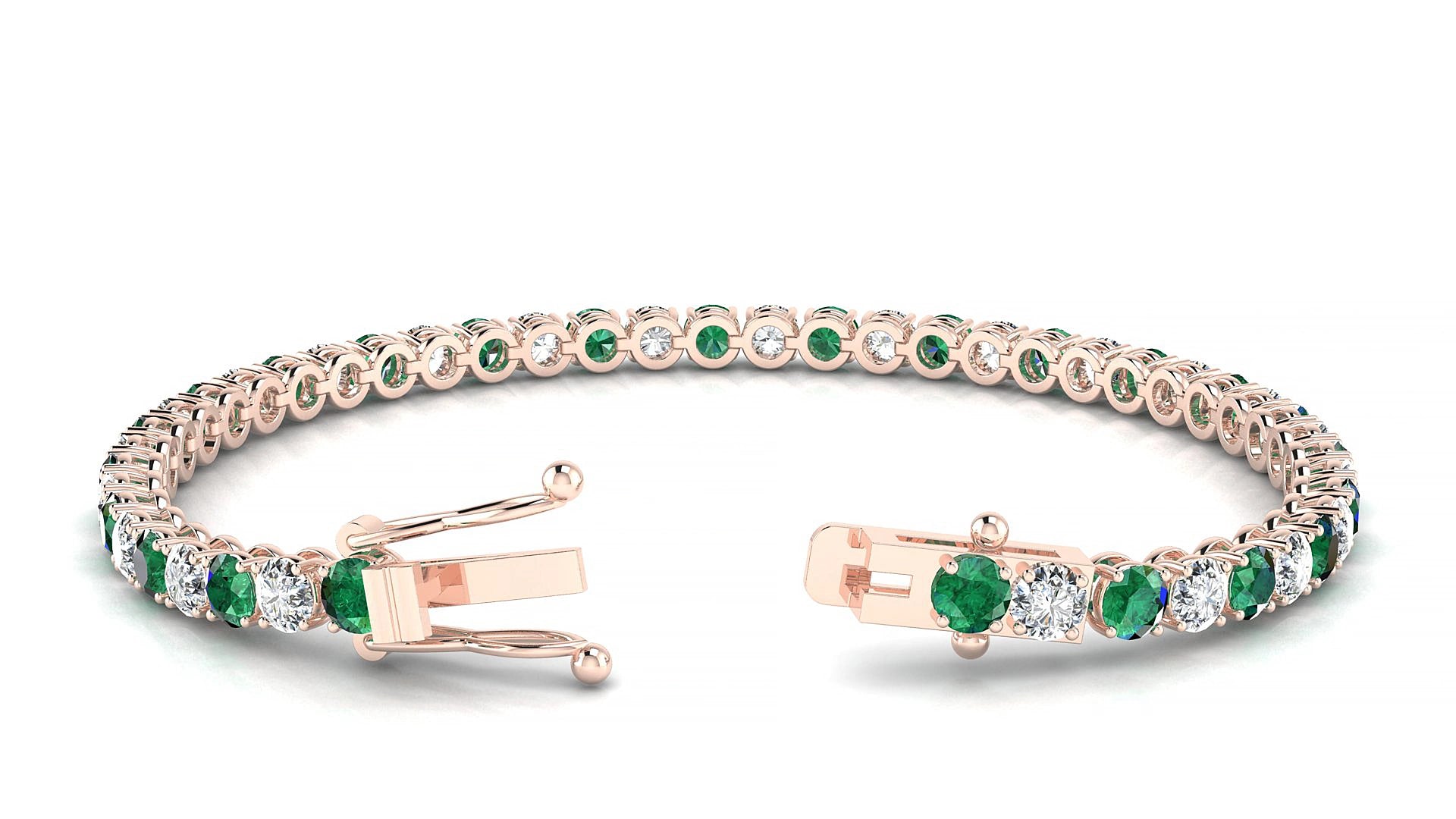 Firenze 1-1 | 18k Rose Gold 3.4 mm Round Natural Emerald & Diamond 15 cm Tennis Bracelet