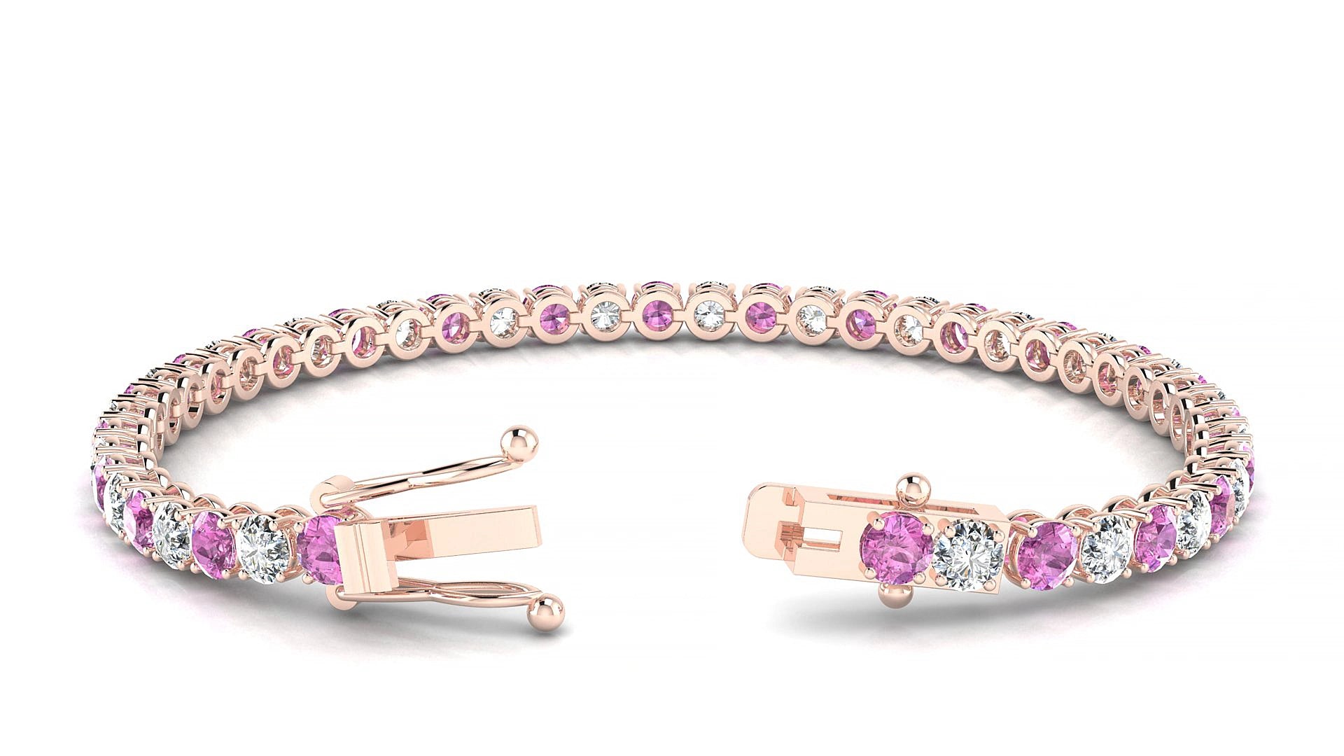 Firenze 1-1 | 18k Rose Gold 3.4 mm Round Natural Pink Sapphire & Diamond 15 cm Tennis Bracelet