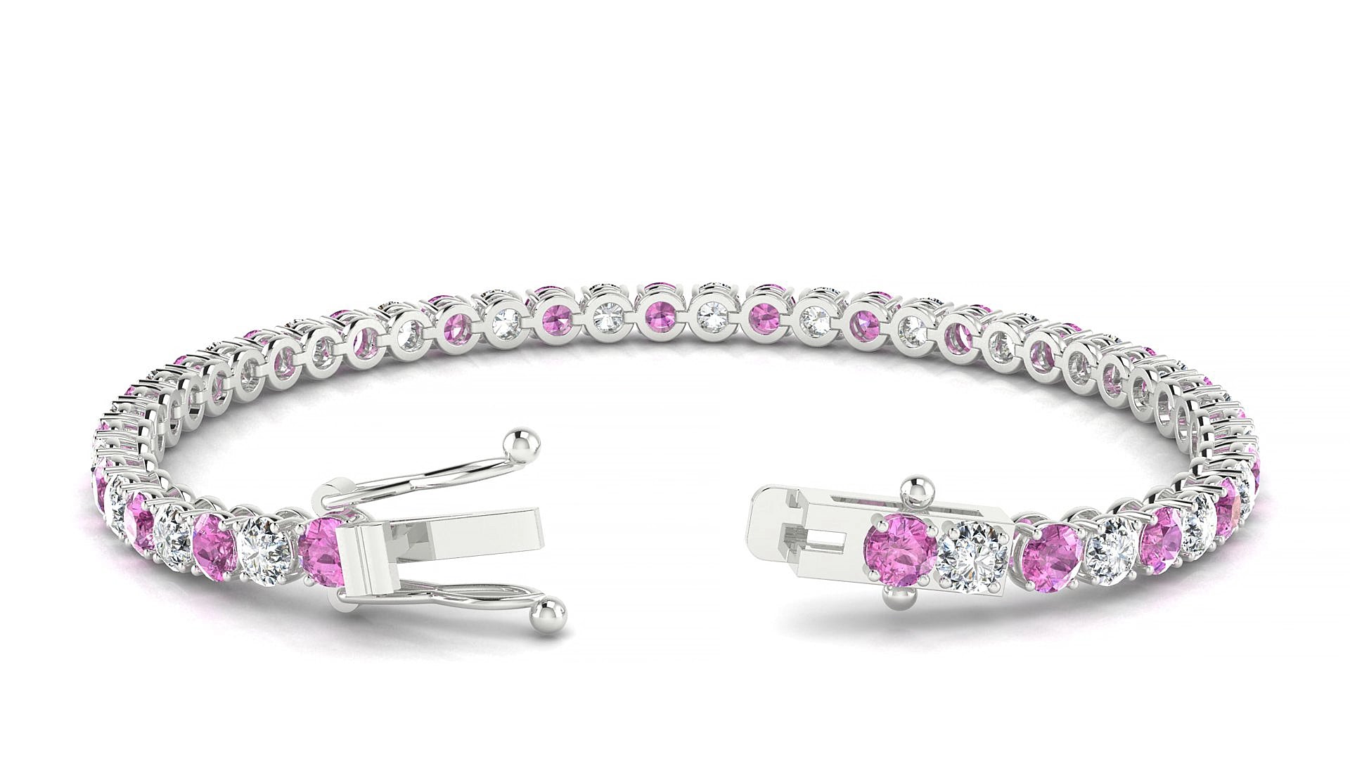 Firenze 1-1 | 18k White Gold 3.4 mm Round Natural Pink Sapphire & Diamond 15 cm Tennis Bracelet