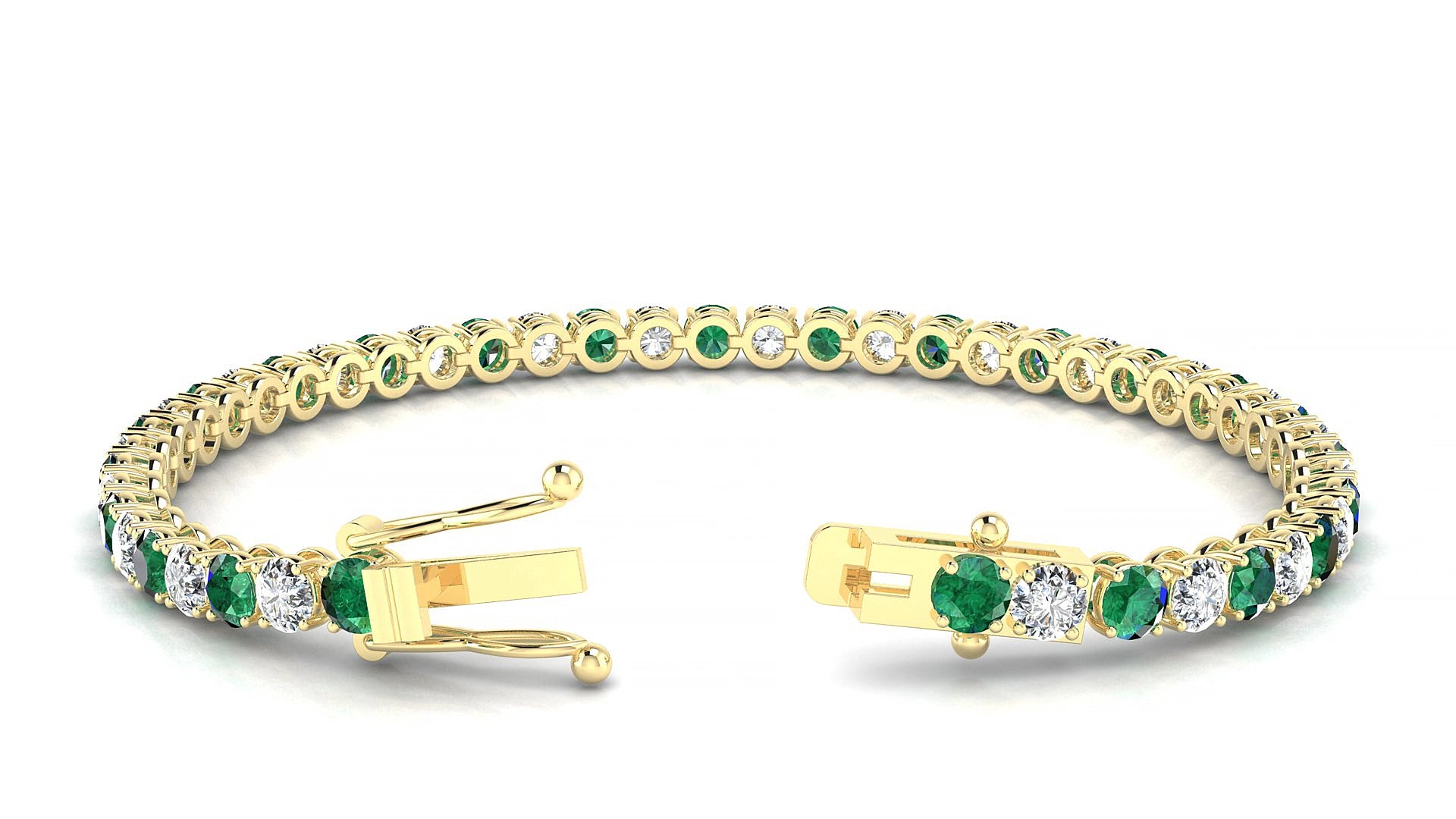 Firenze 1-1 | 18k Yellow Gold 3.4 mm Round Natural Emerald & Diamond 15 cm Tennis Bracelet