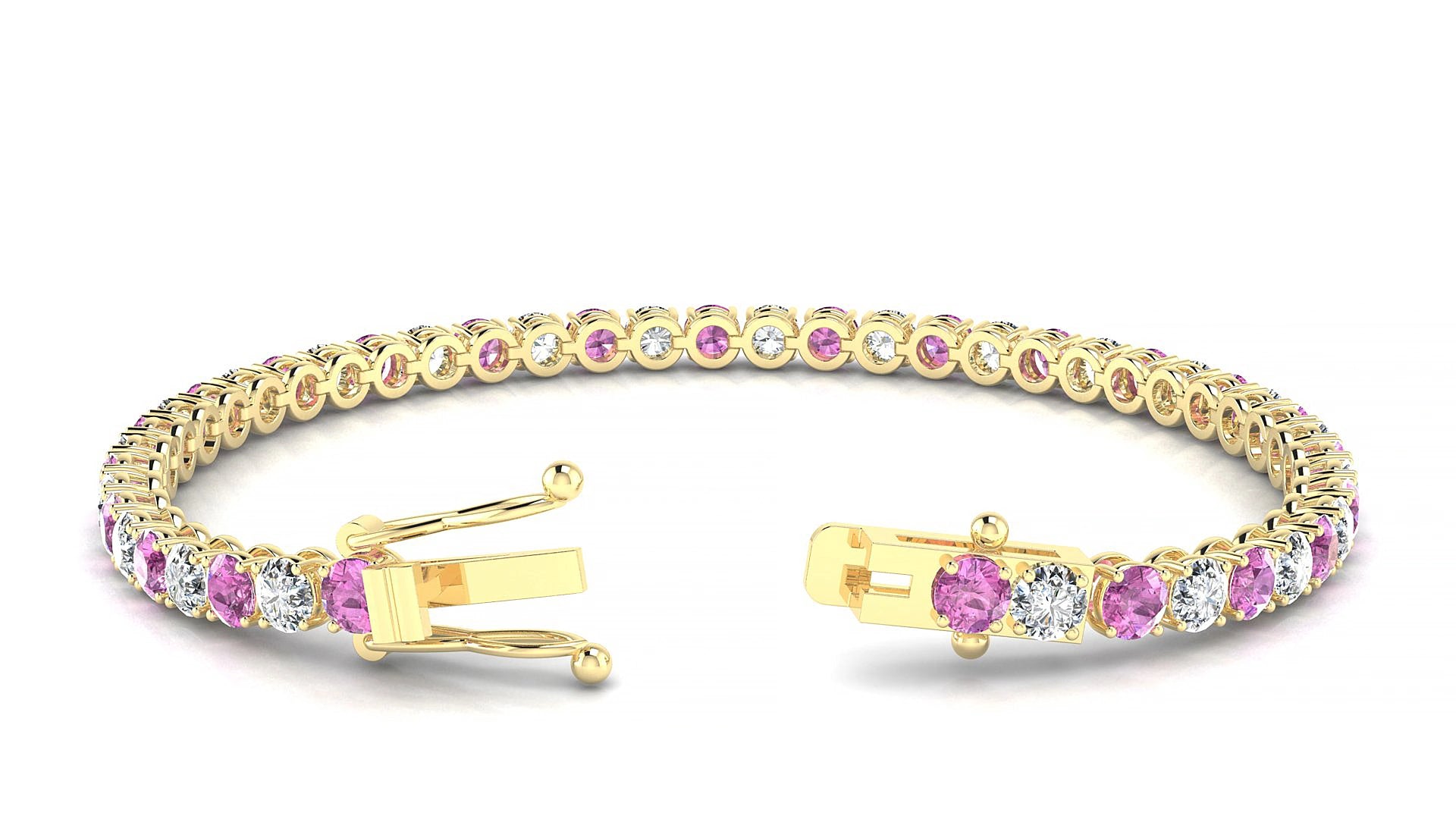 Firenze 1-1 | 18k Yellow Gold 3.4 mm Round Natural Pink Sapphire & Diamond 18 cm Tennis Bracelet
