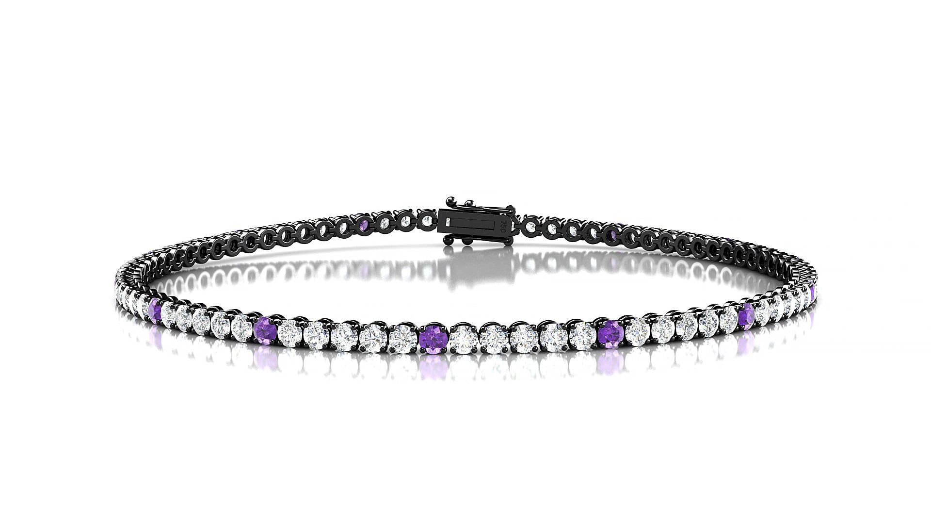 Firenze 1-5 | 18k Black Gold 2 mm Round Natural Amethyst & Diamond 15 cm Tennis Bracelet