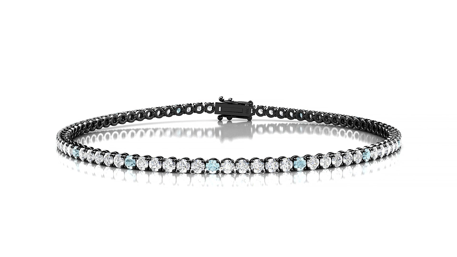 Firenze 1-5 | 18k Black Gold 2 mm Round Natural Aquamarine & Diamond 15 cm Tennis Bracelet