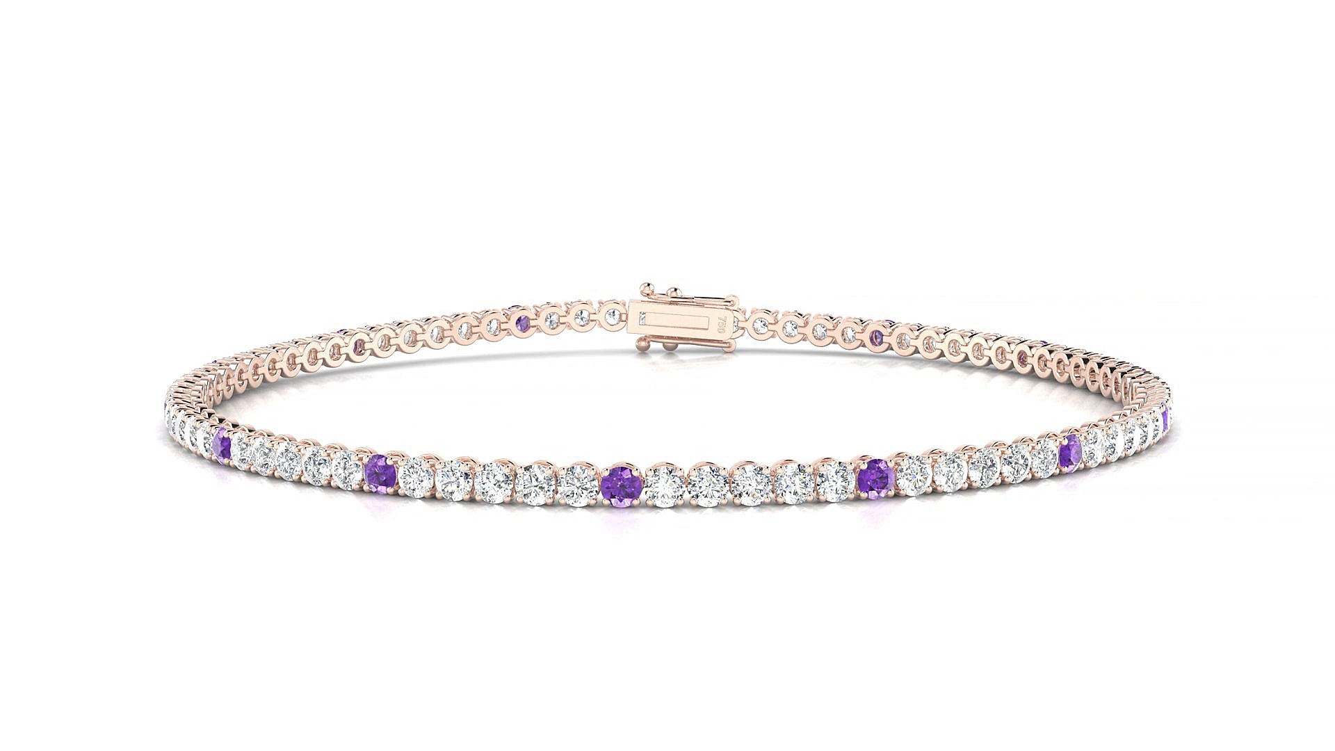 Firenze 1-5 | 18k Rose Gold 2 mm Round Natural Amethyst & Diamond 18 cm Tennis Bracelet