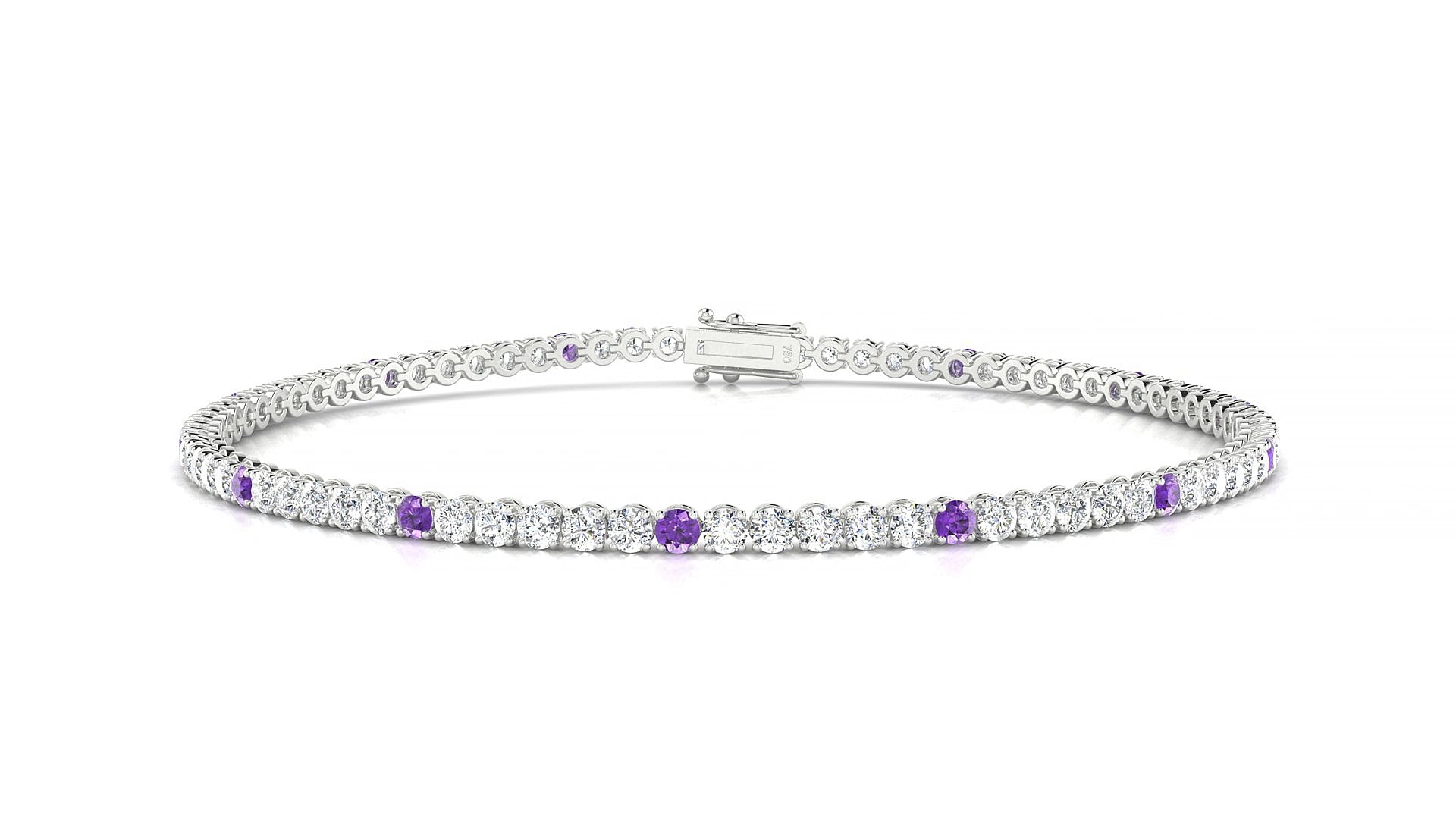Firenze 1-5 | 18k White Gold 2 mm Round Natural Amethyst & Diamond 15 cm Tennis Bracelet