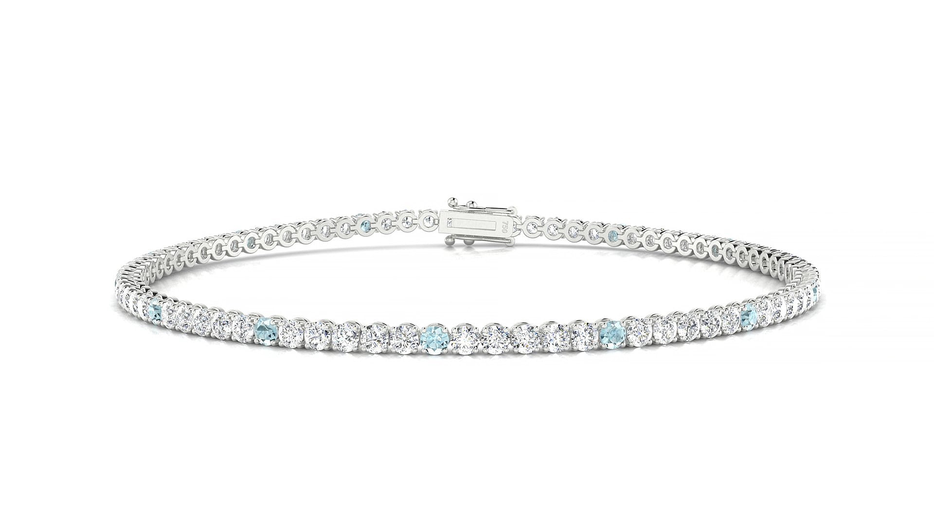 Firenze 1-5 | 18k White Gold 2 mm Round Natural Aquamarine & Diamond 15 cm Tennis Bracelet