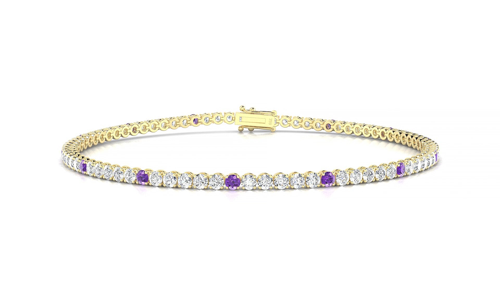Firenze 1-5 | 18k Yellow Gold 2 mm Round Natural Amethyst & Diamond 17 cm Tennis Bracelet