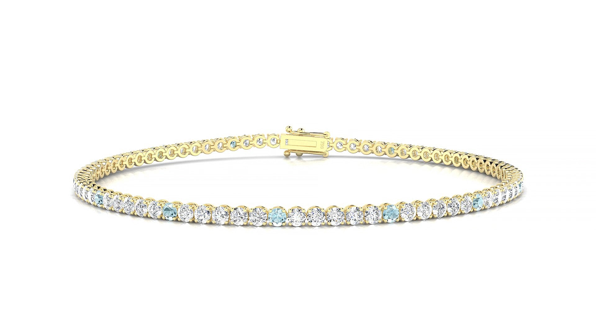 Firenze 1-5 | 18k Yellow Gold 2 mm Round Natural Aquamarine & Diamond 15 cm Tennis Bracelet