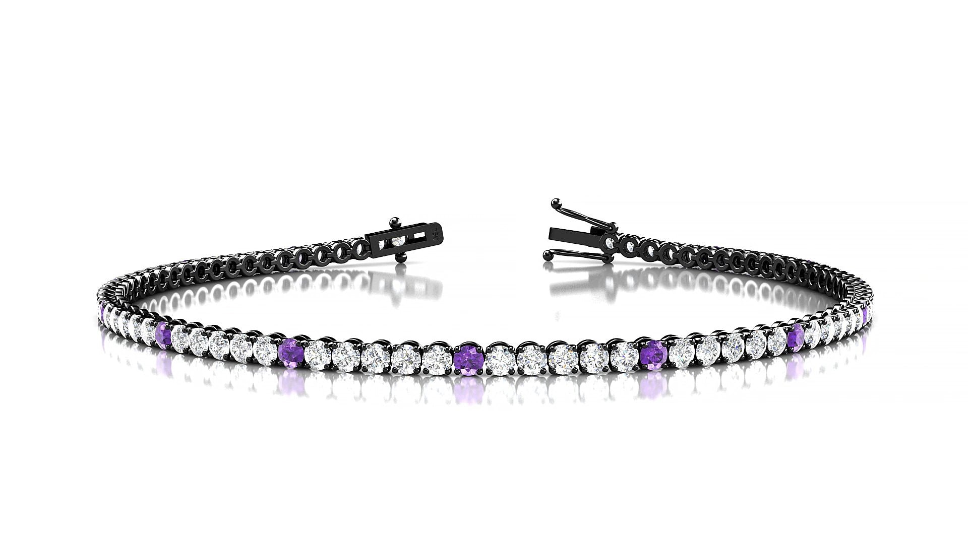 Firenze 1-5 | 18k Black Gold 2 mm Round Natural Amethyst & Diamond 17 cm Tennis Bracelet