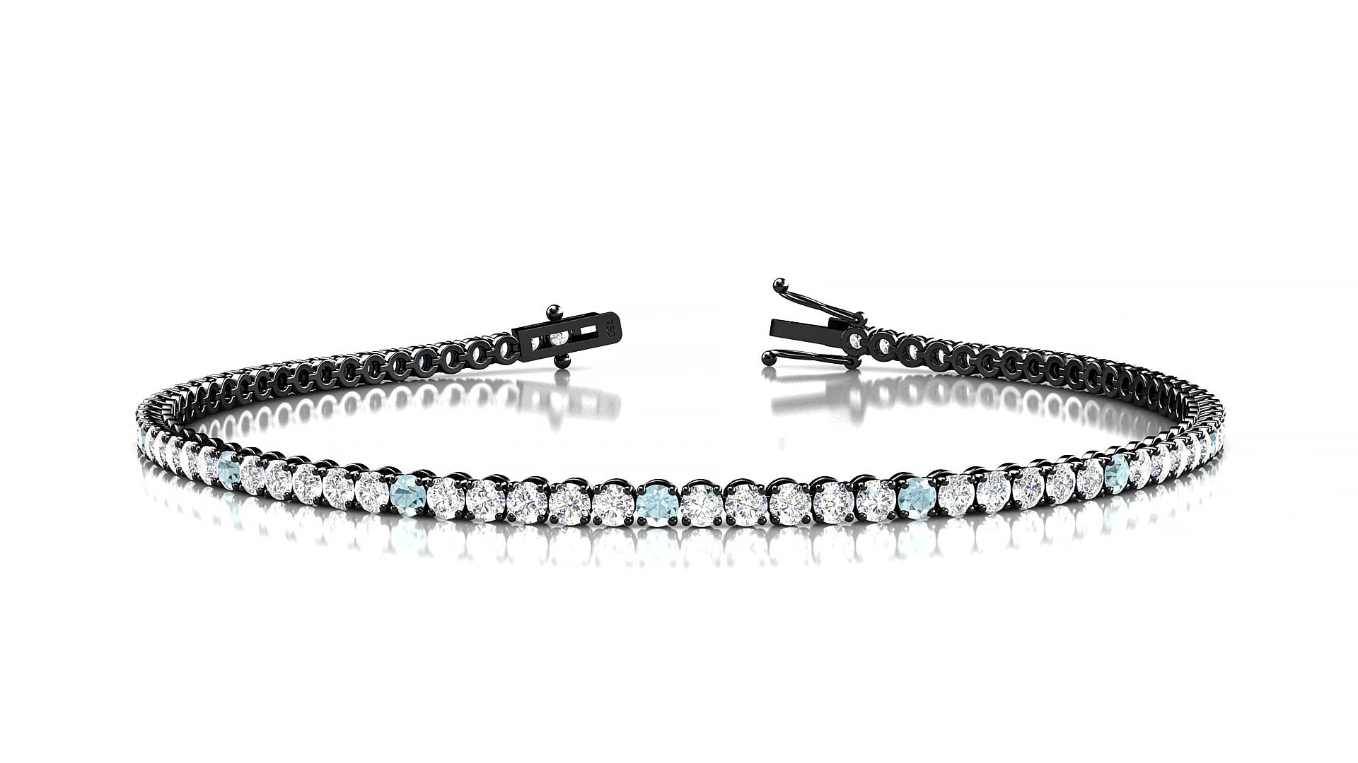 Firenze 1-5 | 18k Black Gold 2 mm Round Natural Aquamarine & Diamond 15 cm Tennis Bracelet