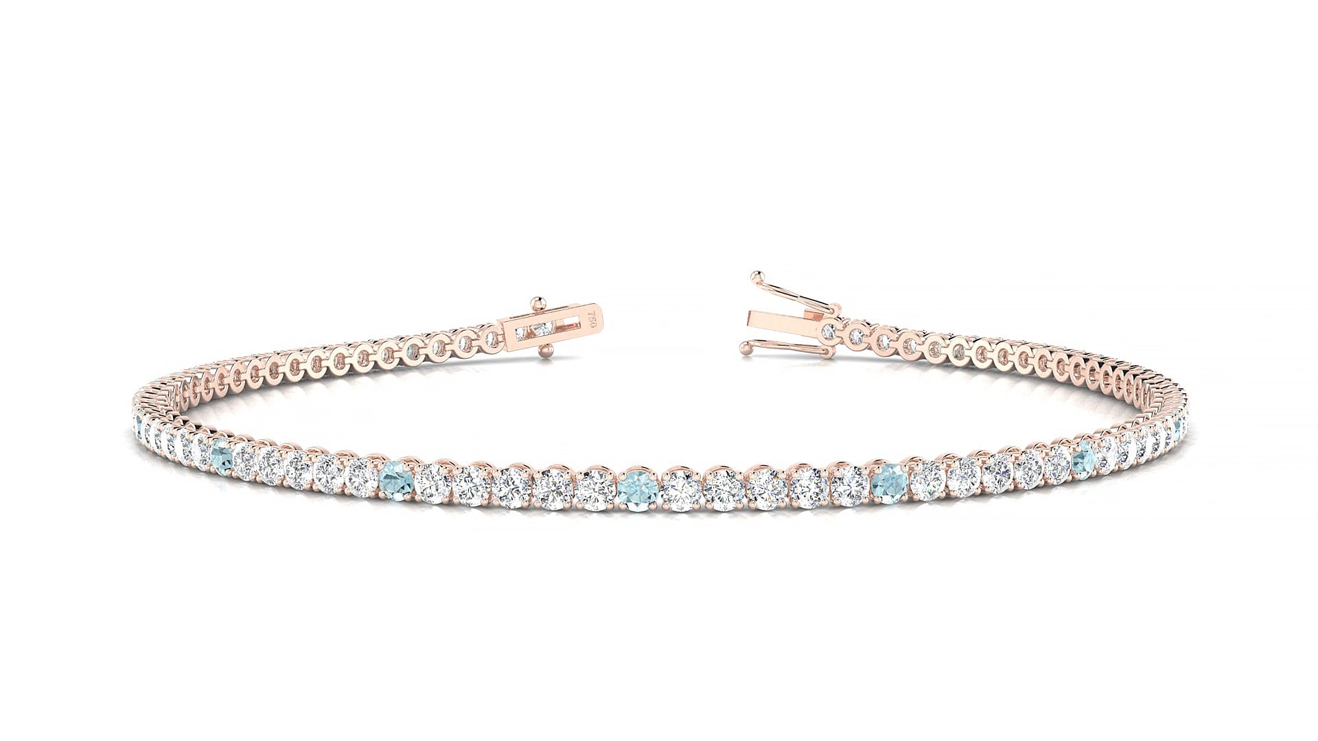 Firenze 1-5 | 18k Rose Gold 2 mm Round Natural Aquamarine & Diamond 15 cm Tennis Bracelet