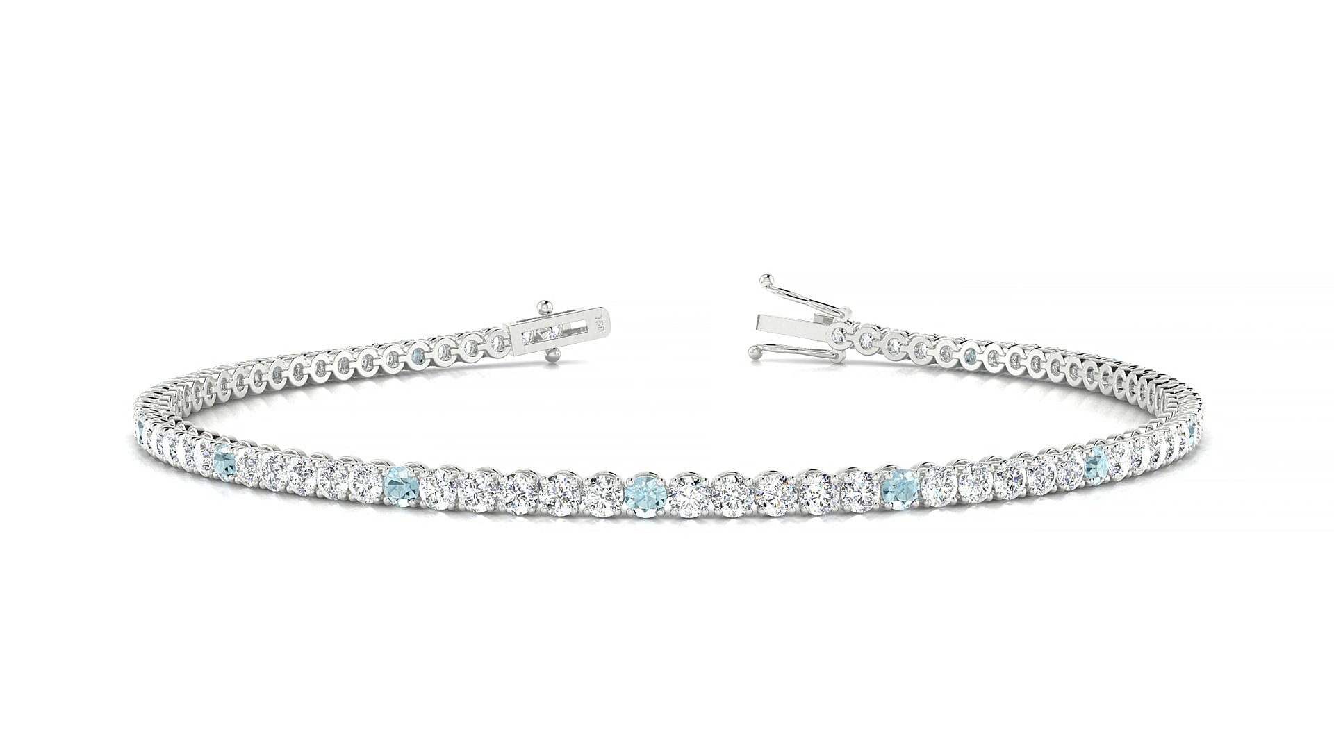 Firenze 1-5 | 18k White Gold 2 mm Round Natural Aquamarine & Diamond 15 cm Tennis Bracelet