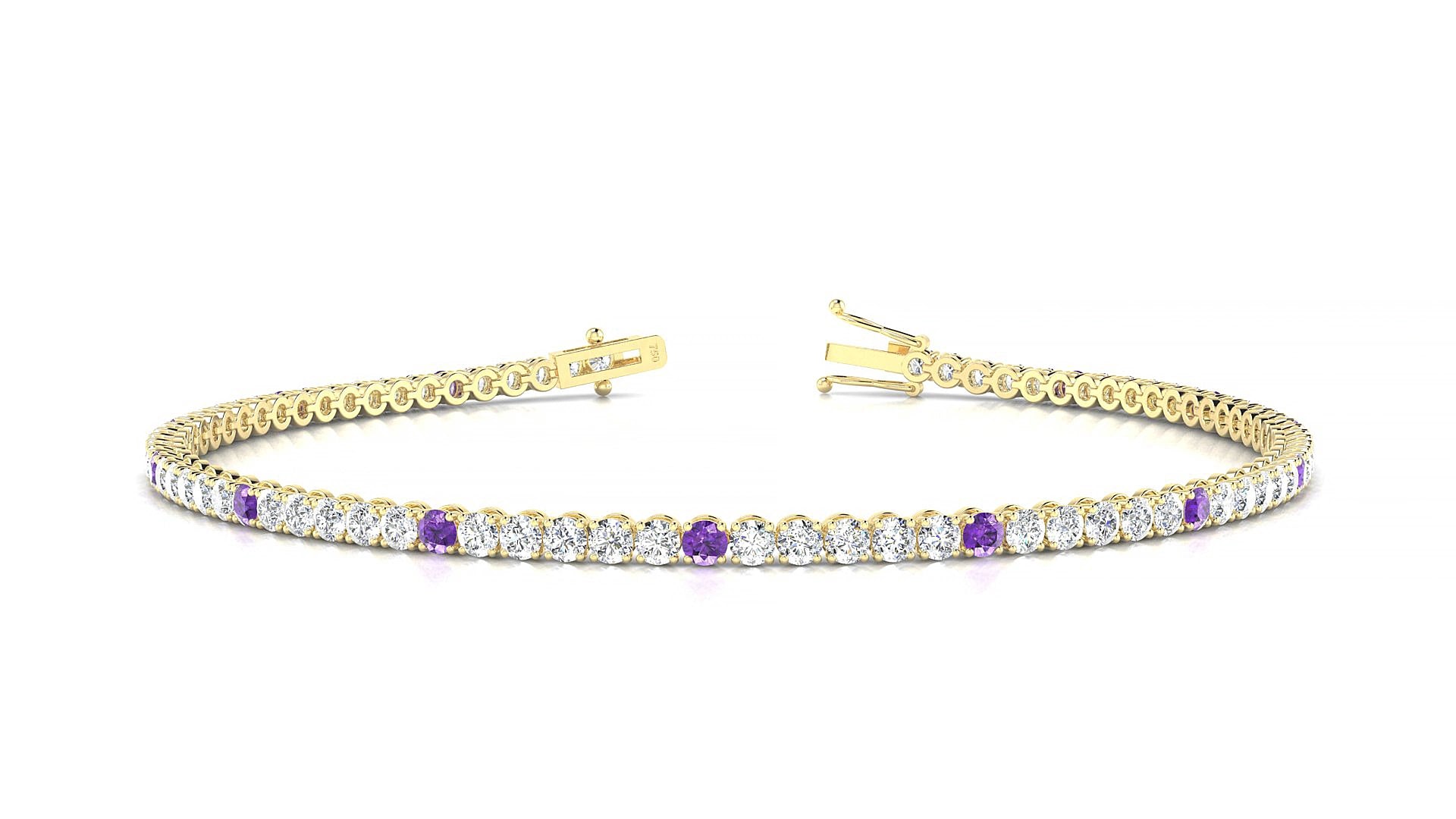 Firenze 1-5 | 18k Yellow Gold 2 mm Round Natural Amethyst & Diamond 15 cm Tennis Bracelet