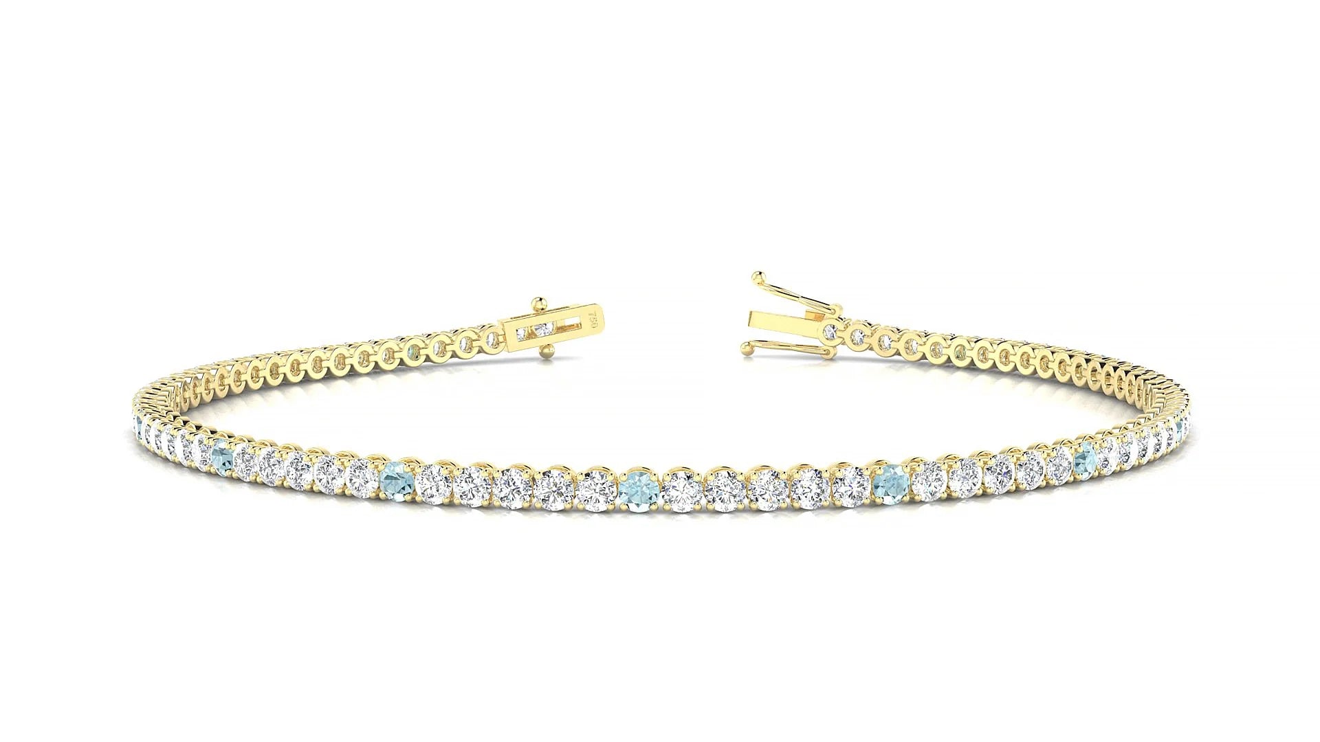 Firenze 1-5 | 18k Yellow Gold 2 mm Round Natural Aquamarine & Diamond Tennis Bracelet